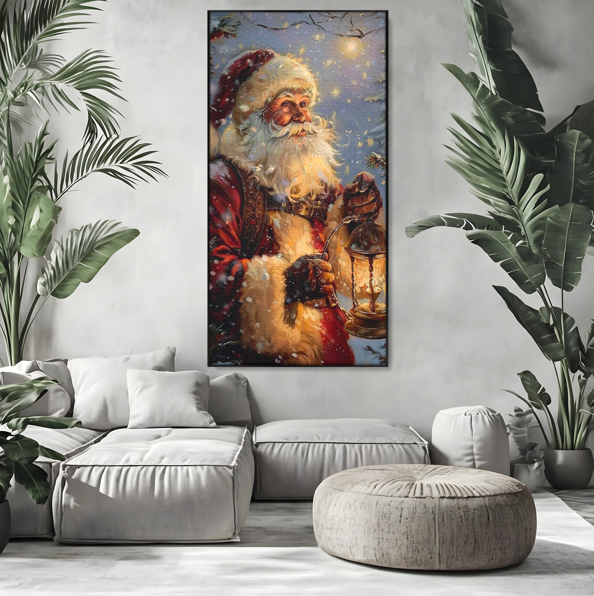 Tablou Canvas Premium LuxCanva® PI1240, Mos Craciun Cu Felinar, Barba, Copilarie, Sarbatori, Magie, Living, Culori Vibrante