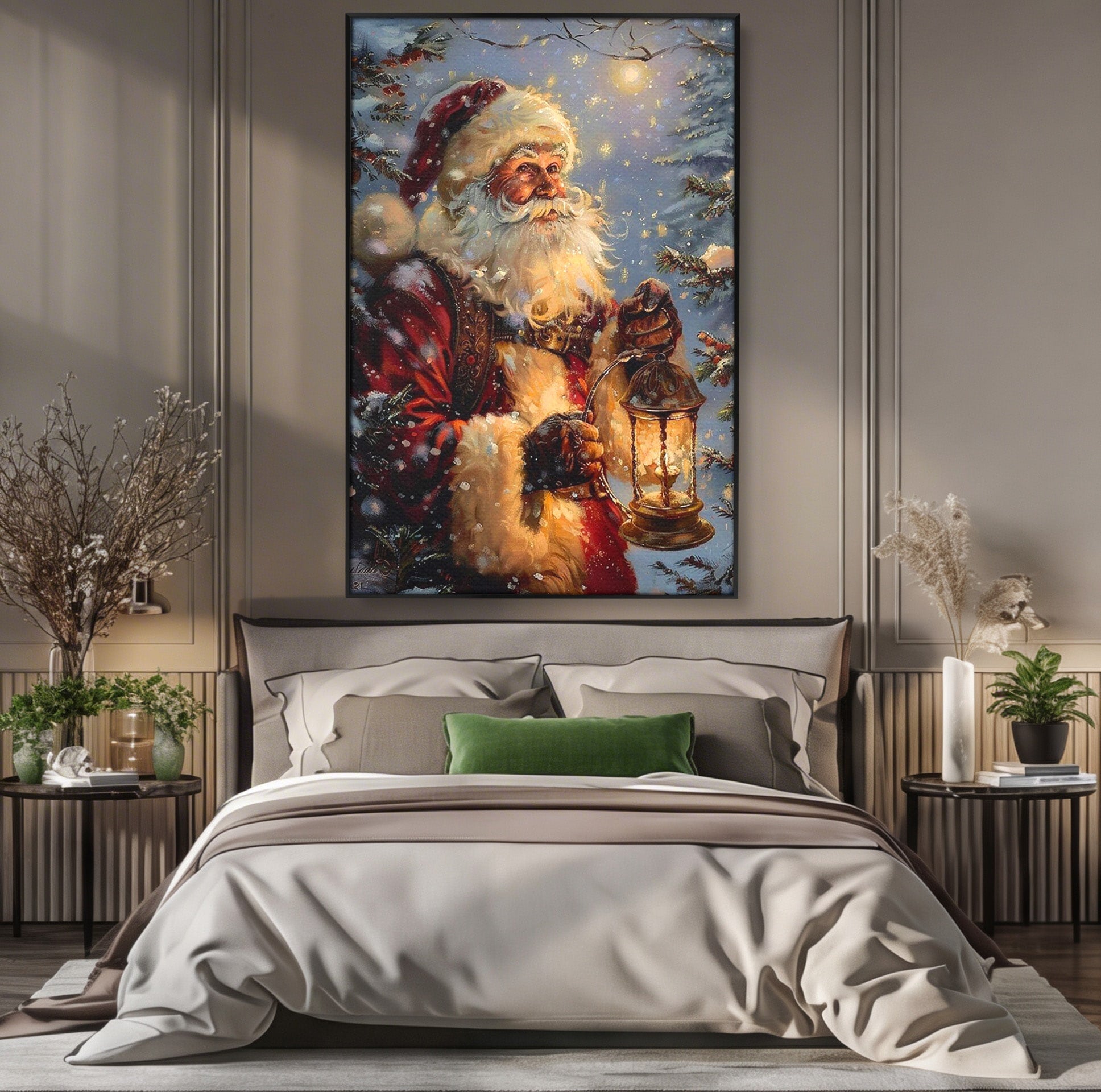 Tablou Canvas Premium LuxCanva® PI1240, Mos Craciun Cu Felinar, Barba, Copilarie, Sarbatori, Magie, Living, Culori Vibrante