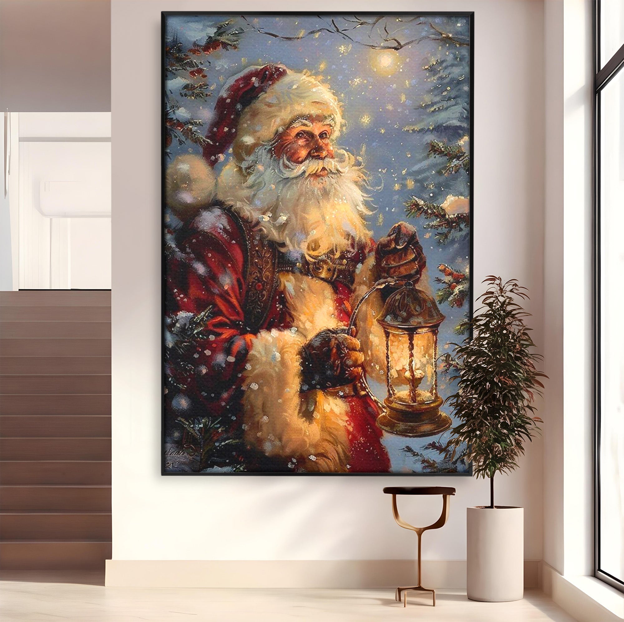 Tablou Canvas Premium LuxCanva® PI1240, Mos Craciun Cu Felinar, Barba, Copilarie, Sarbatori, Magie, Living, Culori Vibrante