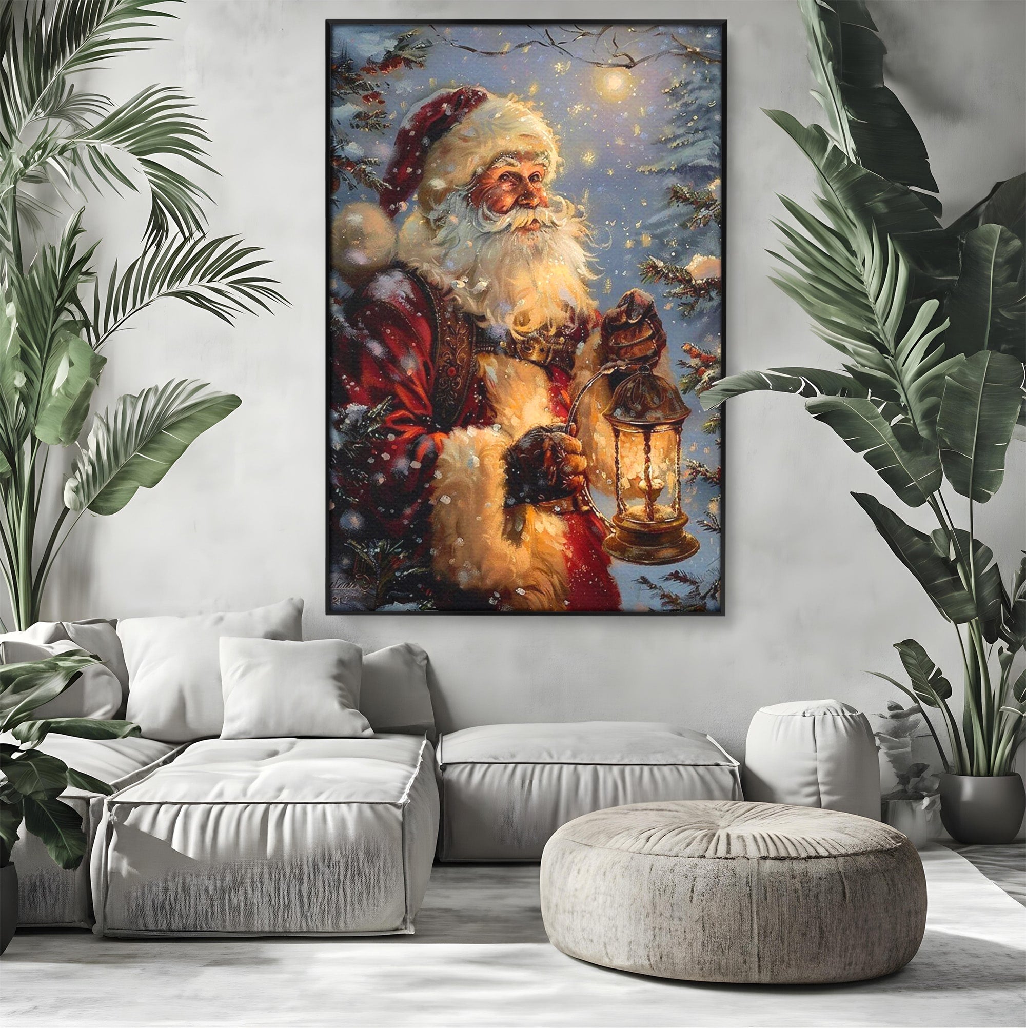 Tablou Canvas Premium LuxCanva® PI1240, Mos Craciun Cu Felinar, Barba, Copilarie, Sarbatori, Magie, Living, Culori Vibrante