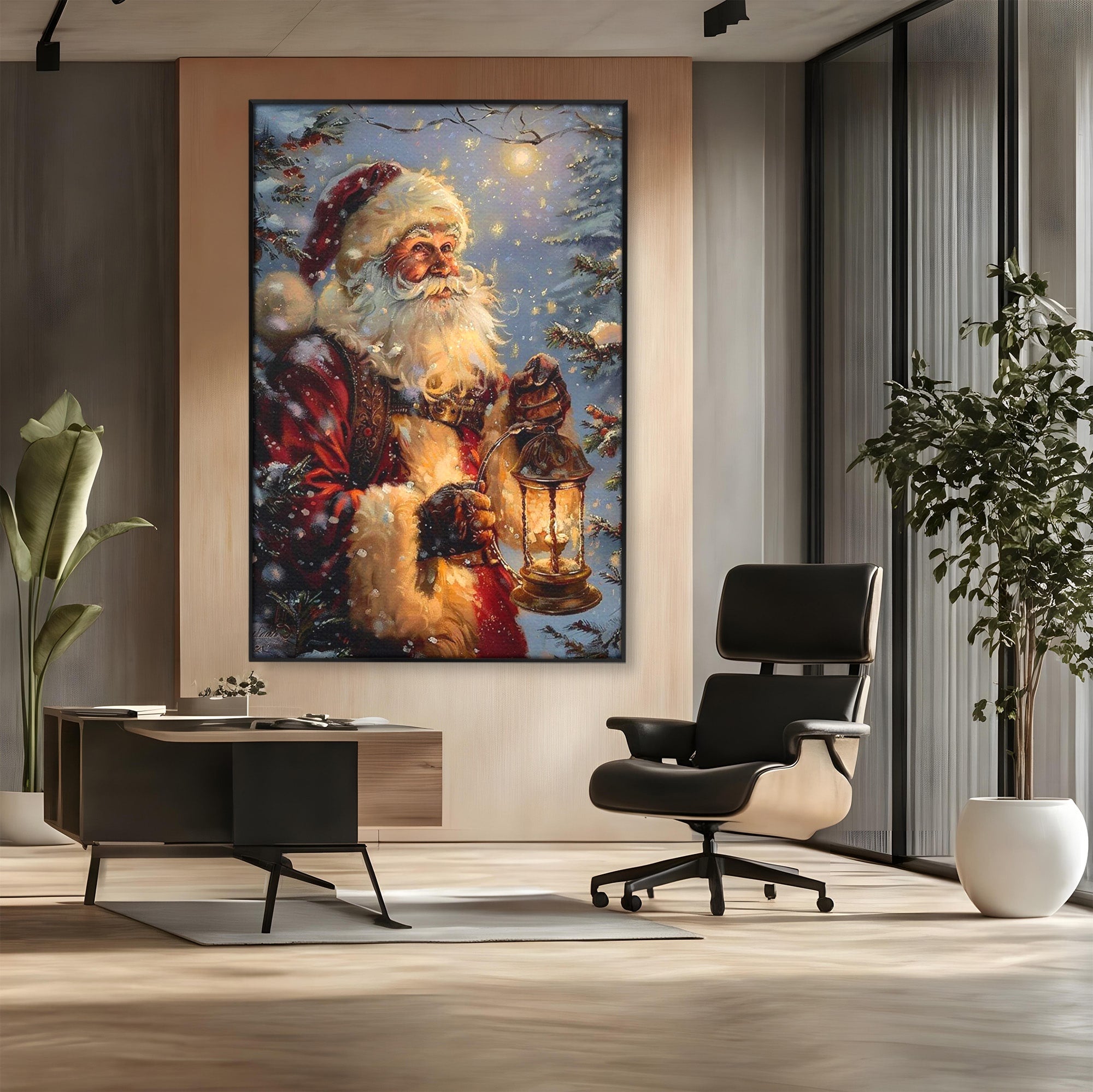 Tablou Canvas Premium LuxCanva® PI1240, Mos Craciun Cu Felinar, Barba, Copilarie, Sarbatori, Magie, Living, Culori Vibrante