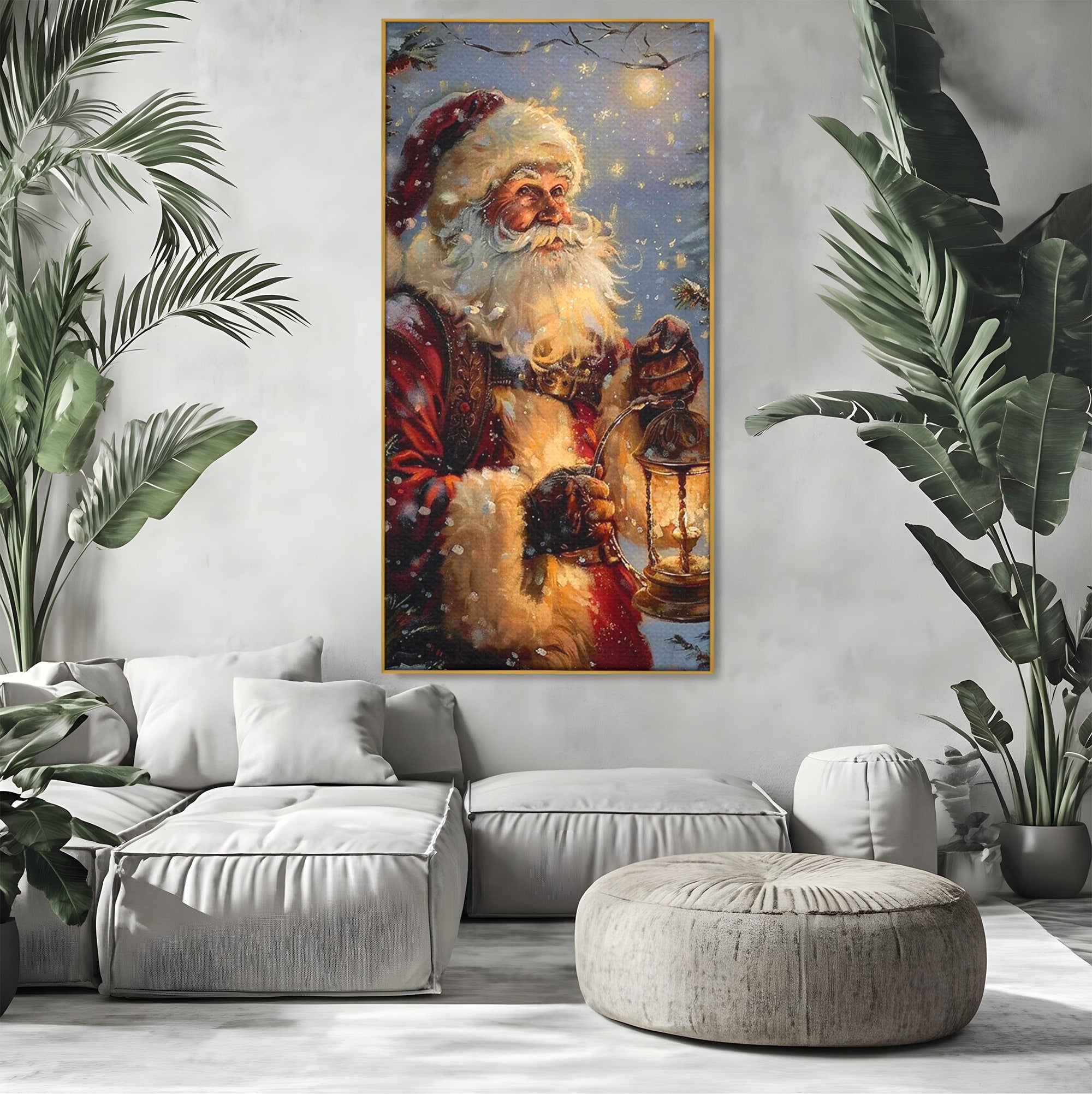 Tablou Canvas Premium LuxCanva® PI1240, Mos Craciun Cu Felinar, Barba, Copilarie, Sarbatori, Magie, Living, Culori Vibrante
