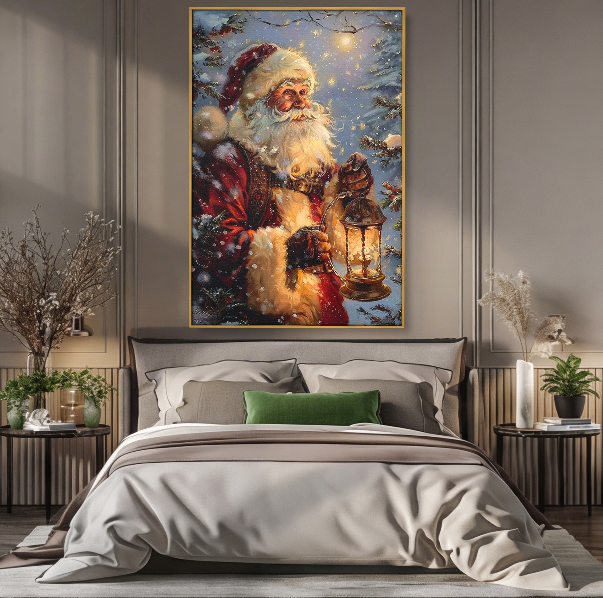 Tablou Canvas Premium LuxCanva® PI1240, Mos Craciun Cu Felinar, Barba, Copilarie, Sarbatori, Magie, Living, Culori Vibrante