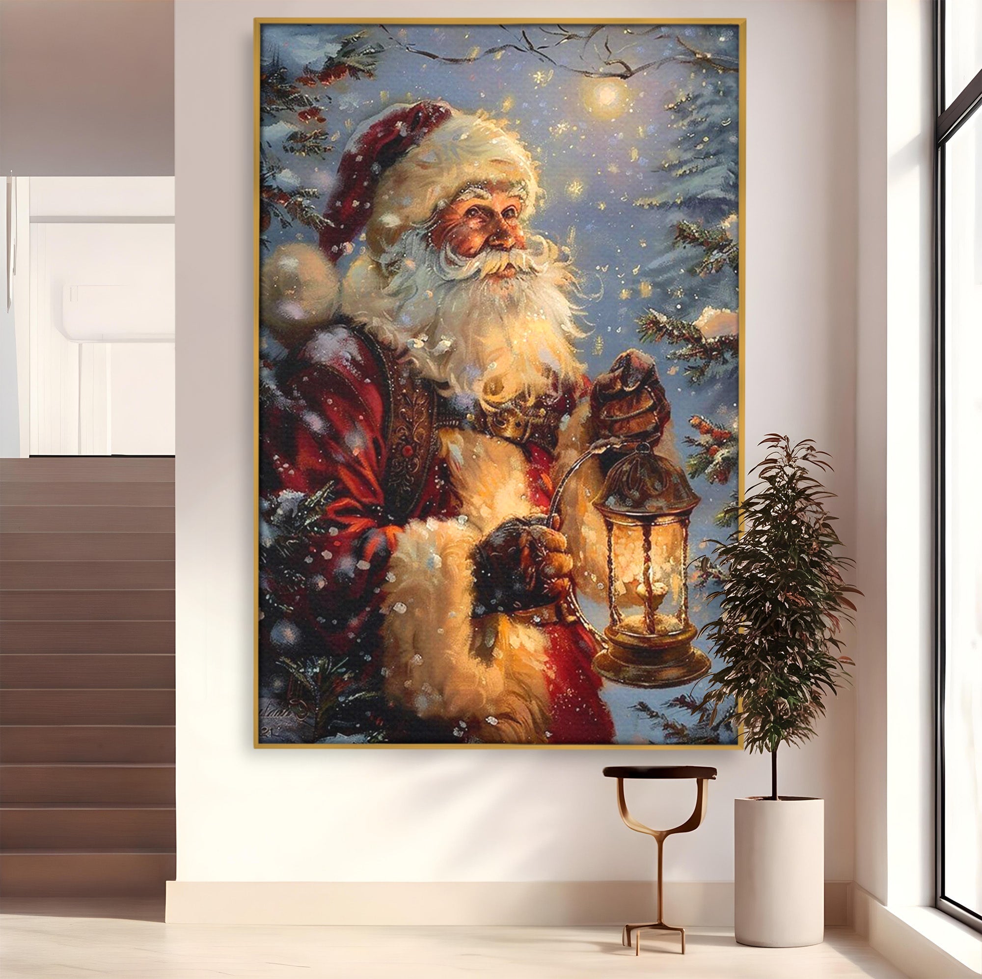 Tablou Canvas Premium LuxCanva® PI1240, Mos Craciun Cu Felinar, Barba, Copilarie, Sarbatori, Magie, Living, Culori Vibrante