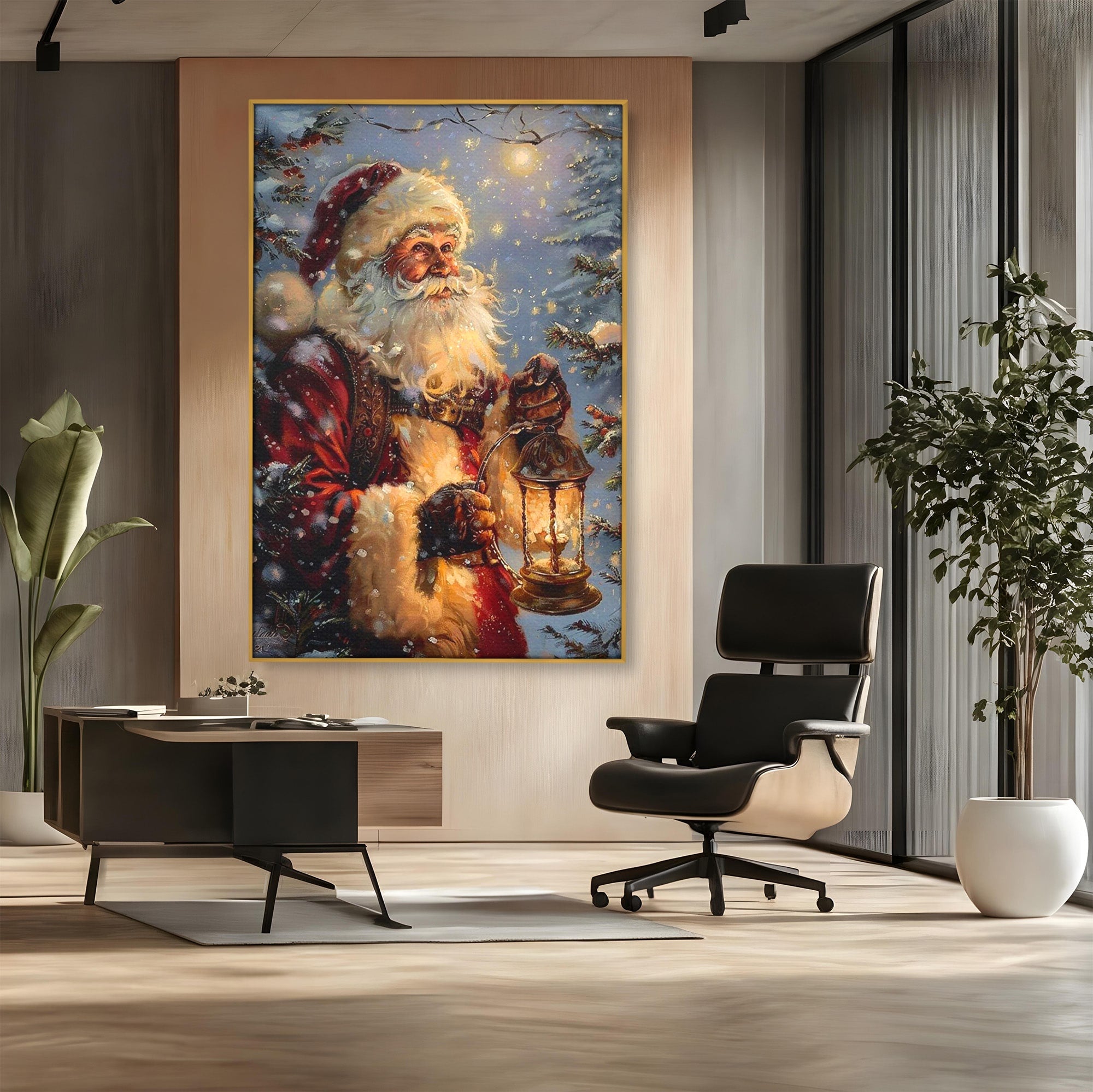 Tablou Canvas Premium LuxCanva® PI1240, Mos Craciun Cu Felinar, Barba, Copilarie, Sarbatori, Magie, Living, Culori Vibrante