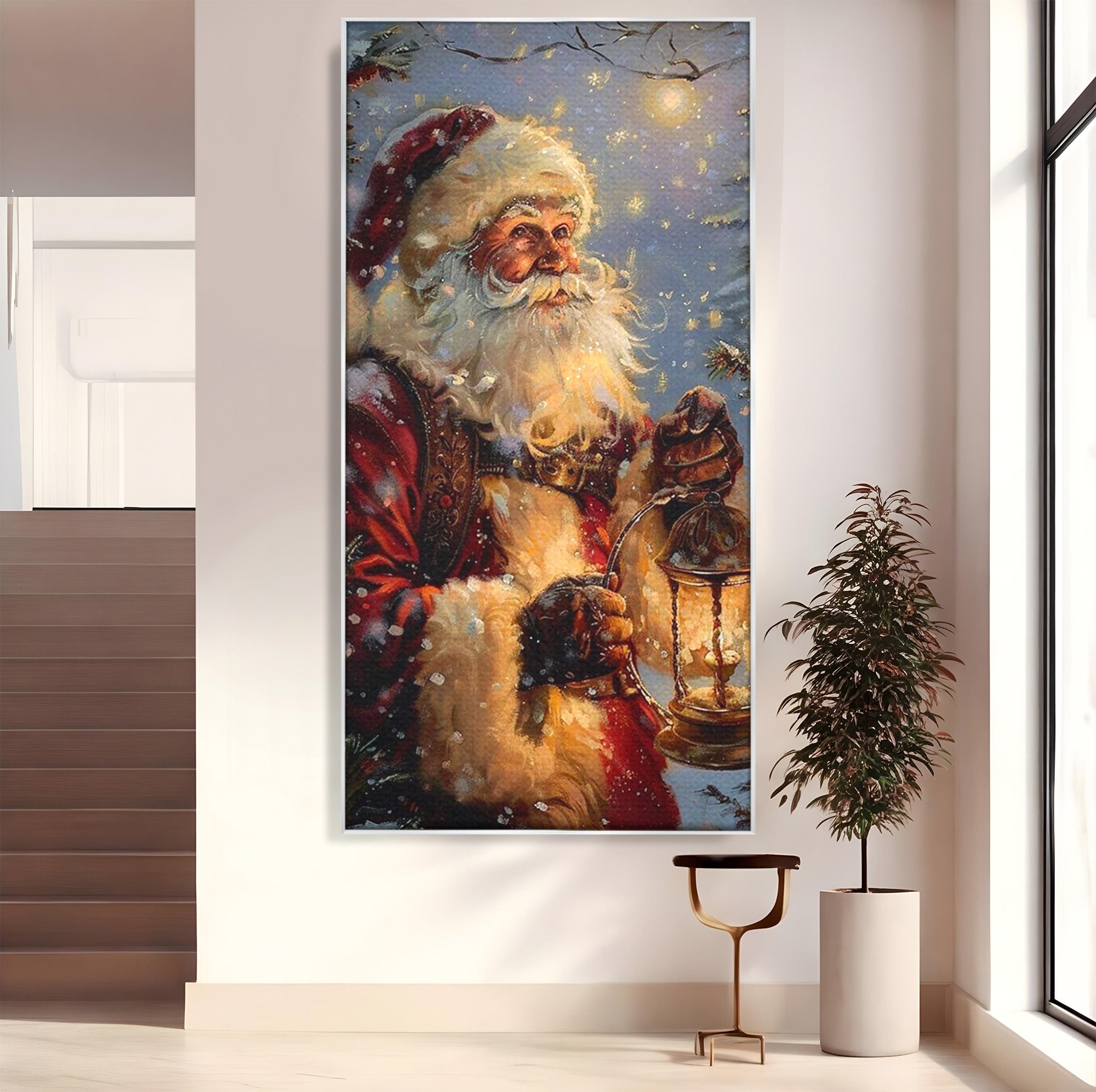 Tablou Canvas Premium LuxCanva® PI1240, Mos Craciun Cu Felinar, Barba, Copilarie, Sarbatori, Magie, Living, Culori Vibrante