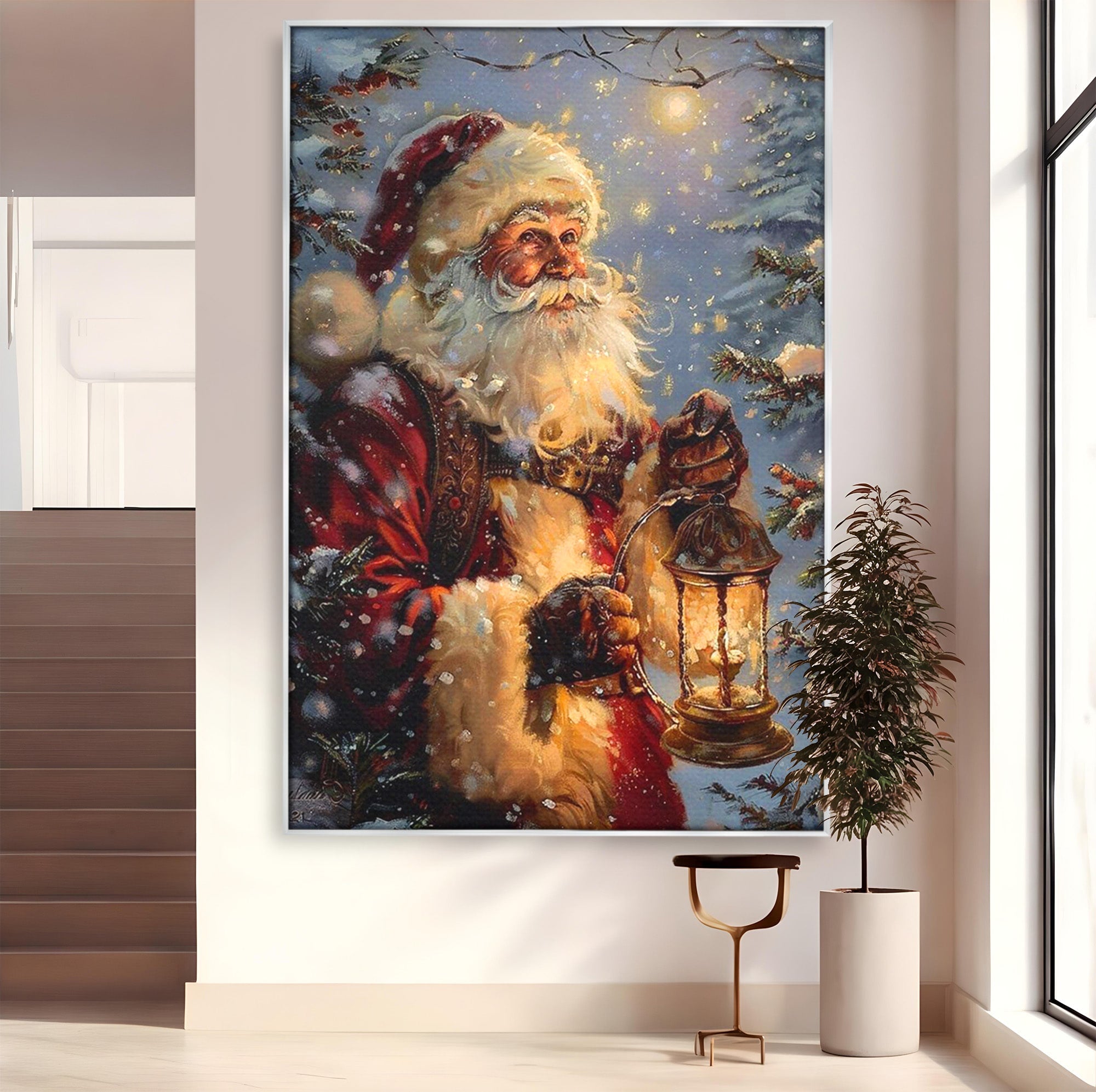 Tablou Canvas Premium LuxCanva® PI1240, Mos Craciun Cu Felinar, Barba, Copilarie, Sarbatori, Magie, Living, Culori Vibrante