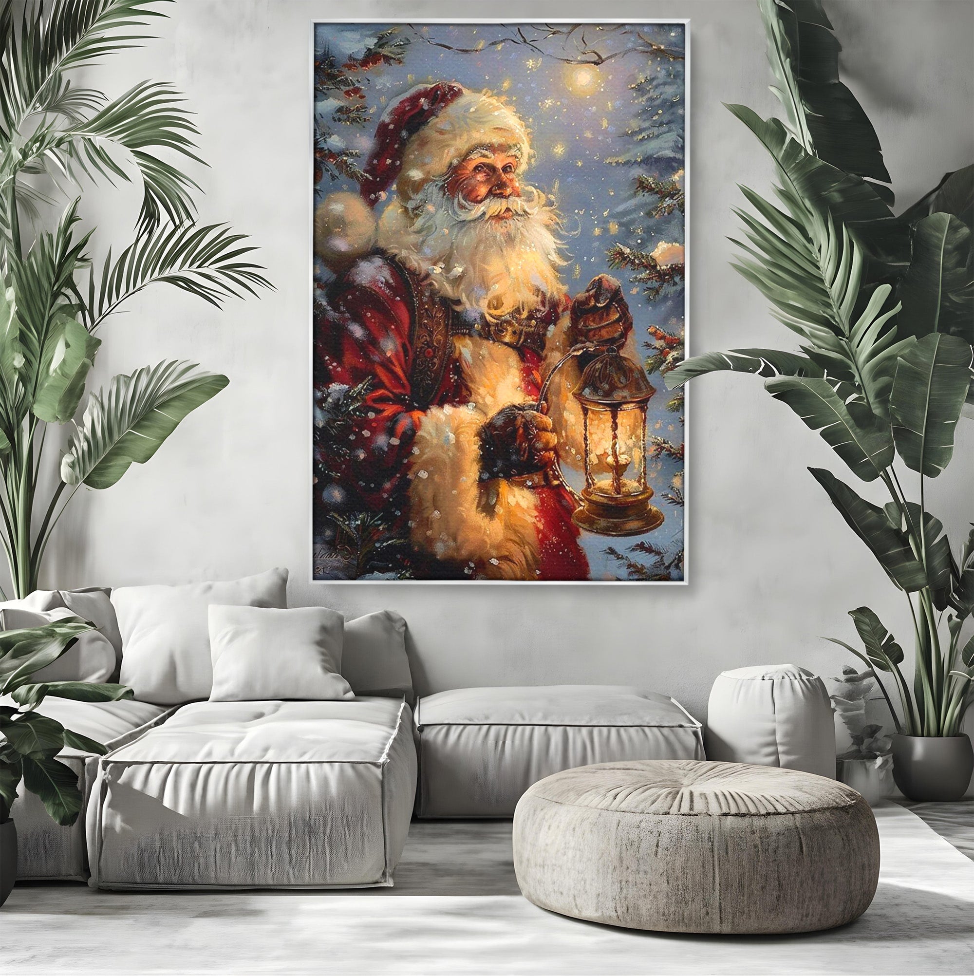 Tablou Canvas Premium LuxCanva® PI1240, Mos Craciun Cu Felinar, Barba, Copilarie, Sarbatori, Magie, Living, Culori Vibrante