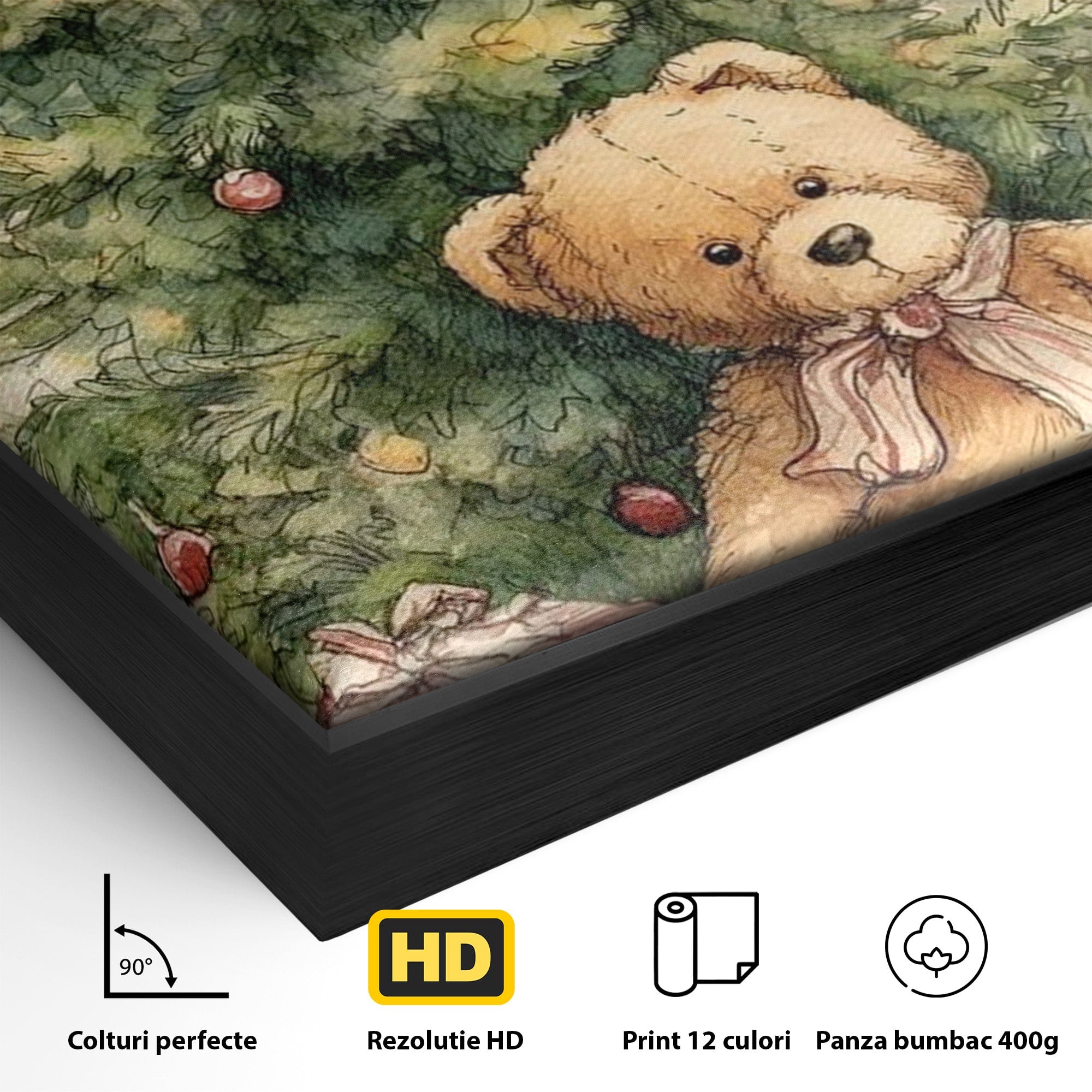 Tablou Canvas Premium LuxCanva® PI1241, Craciun Fericit, Plus, Brad, Cadouri, Ursulet, Living, Culori Vibrante