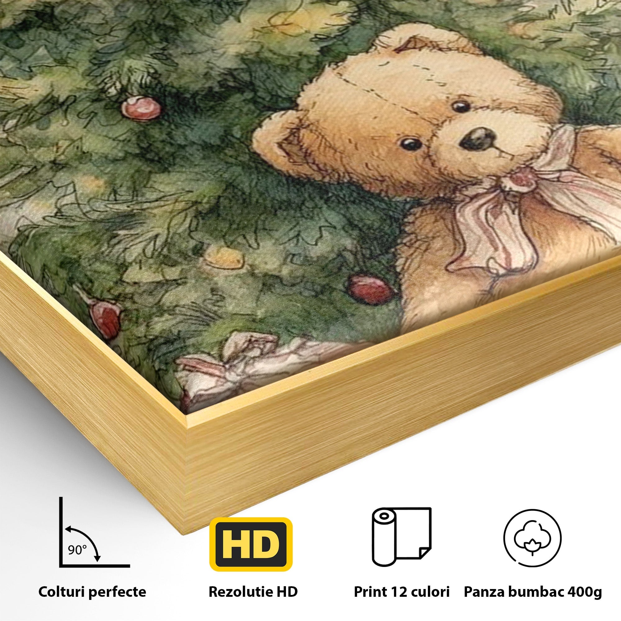 Tablou Canvas Premium LuxCanva® PI1241, Craciun Fericit, Plus, Brad, Cadouri, Ursulet, Living, Culori Vibrante
