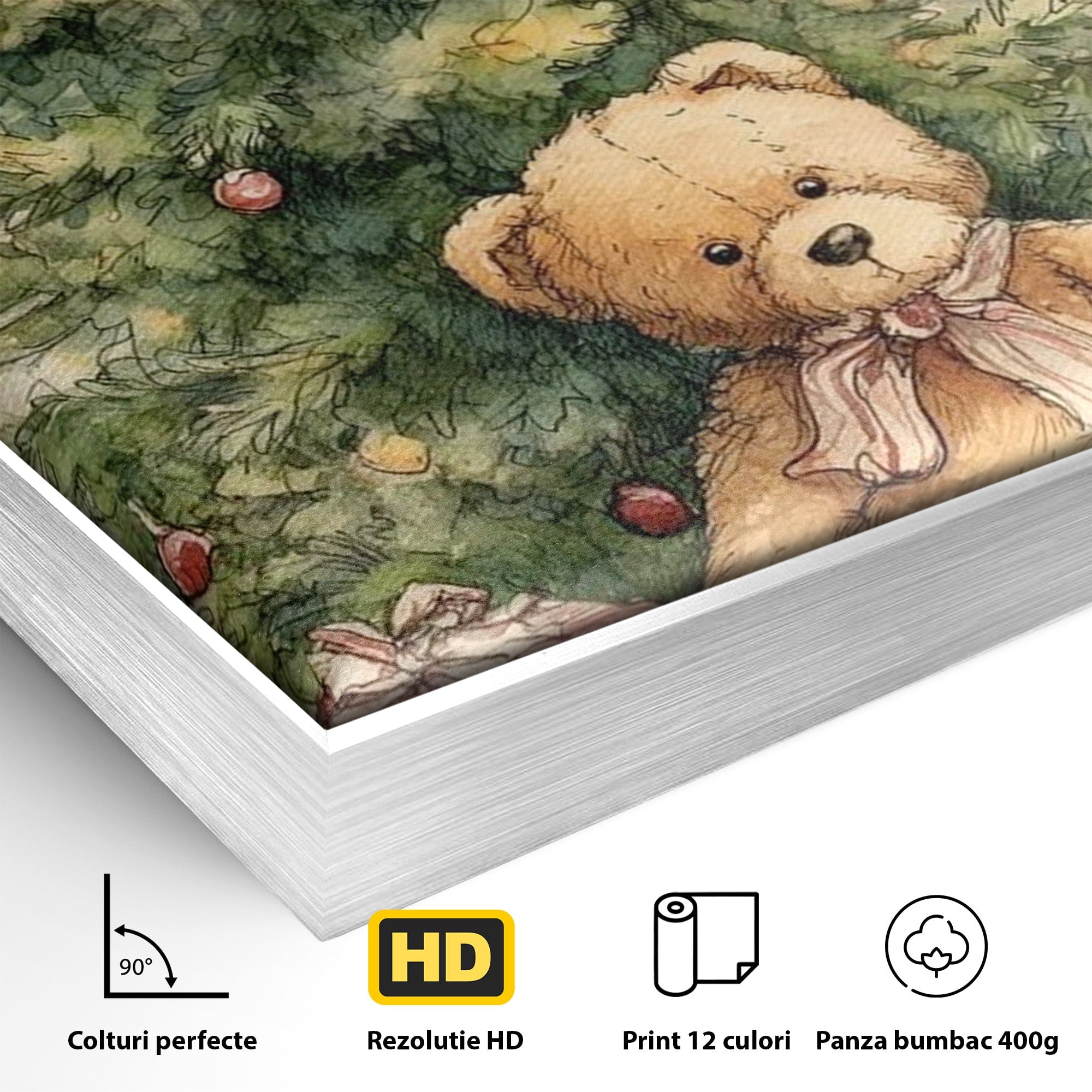 Tablou Canvas Premium LuxCanva® PI1241, Craciun Fericit, Plus, Brad, Cadouri, Ursulet, Living, Culori Vibrante
