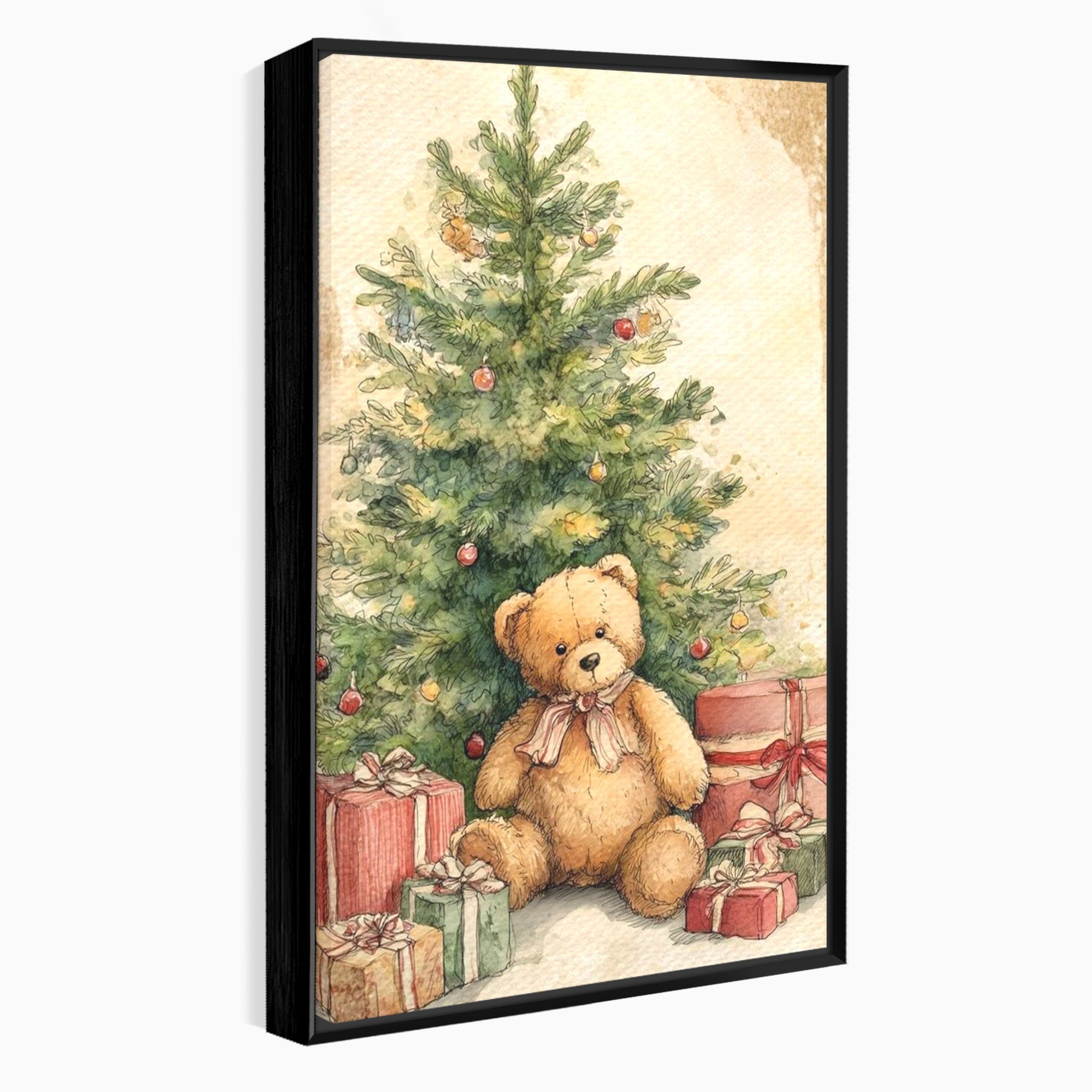 Tablou Canvas Premium LuxCanva® PI1241, Craciun Fericit, Plus, Brad, Cadouri, Ursulet, Living, Culori Vibrante