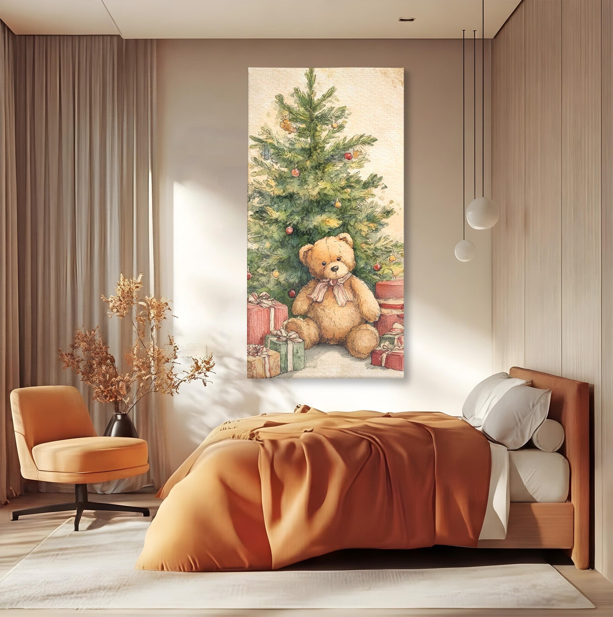 Tablou Canvas Premium LuxCanva® PI1241, Craciun Fericit, Plus, Brad, Cadouri, Ursulet, Living, Culori Vibrante