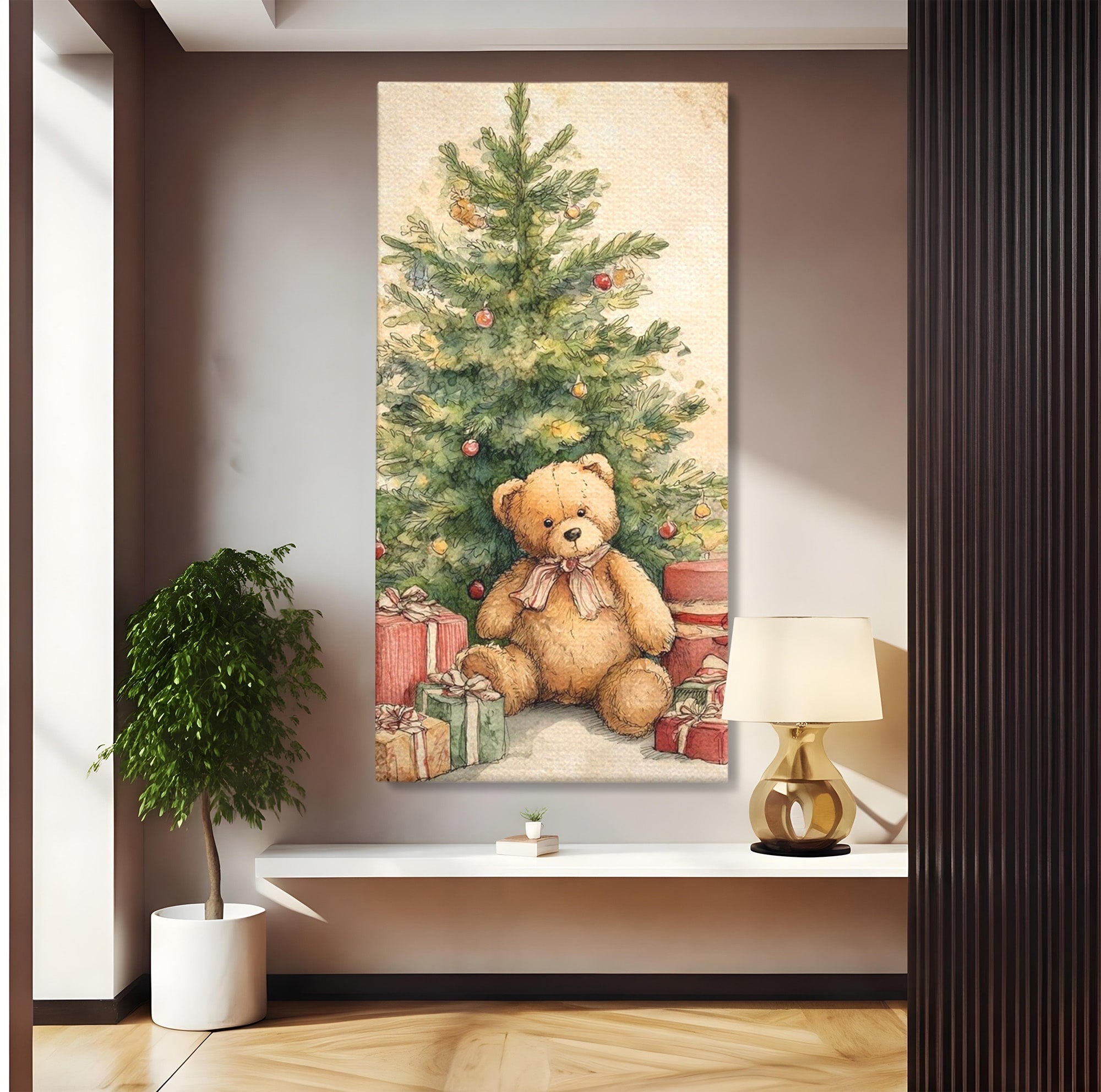 Tablou Canvas Premium LuxCanva® PI1241, Craciun Fericit, Plus, Brad, Cadouri, Ursulet, Living, Culori Vibrante
