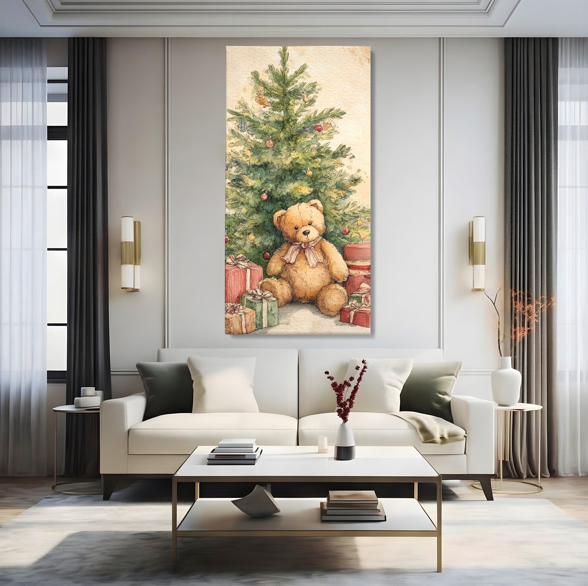 Tablou Canvas Premium LuxCanva® PI1241, Craciun Fericit, Plus, Brad, Cadouri, Ursulet, Living, Culori Vibrante