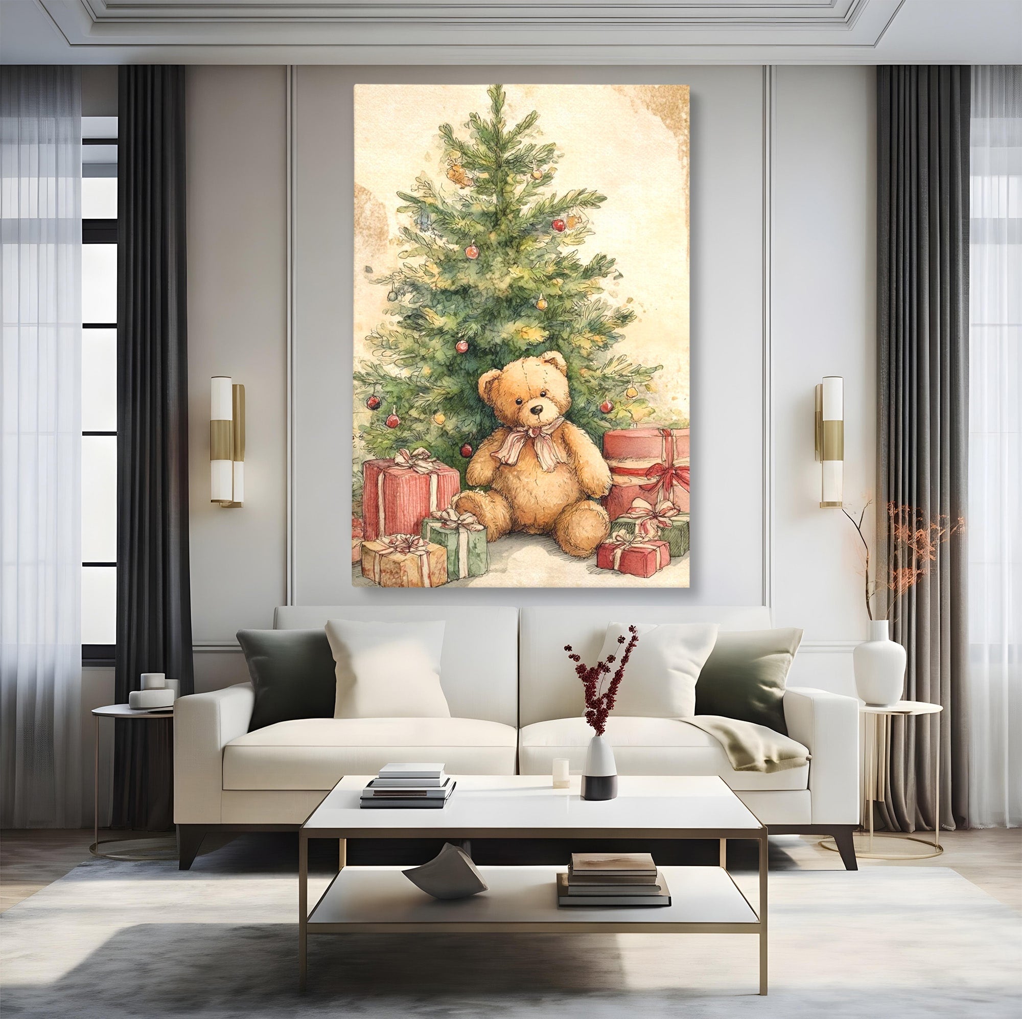 Tablou Canvas Premium LuxCanva® PI1241, Craciun Fericit, Plus, Brad, Cadouri, Ursulet, Living, Culori Vibrante