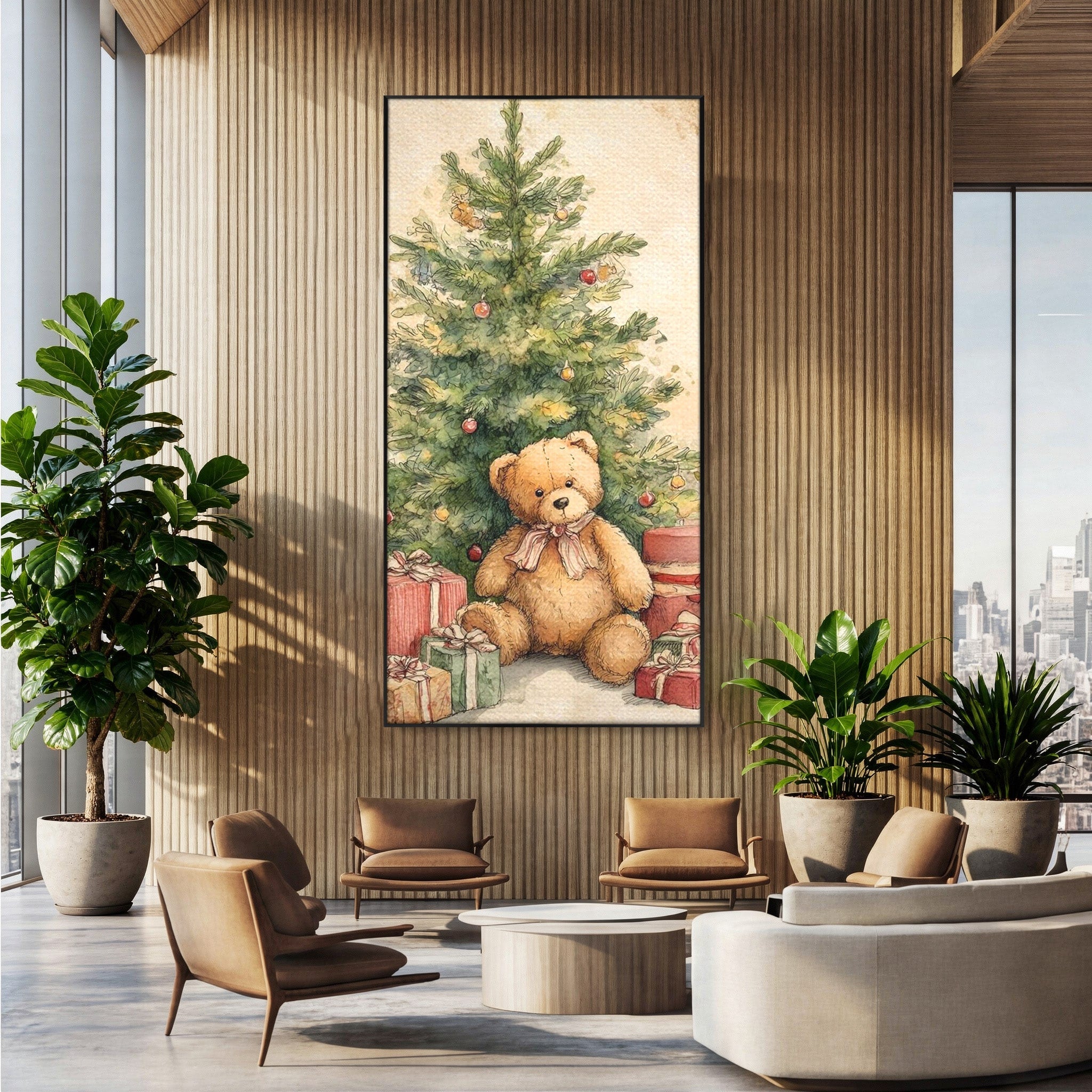 Tablou Canvas Premium LuxCanva® PI1241, Craciun Fericit, Plus, Brad, Cadouri, Ursulet, Living, Culori Vibrante
