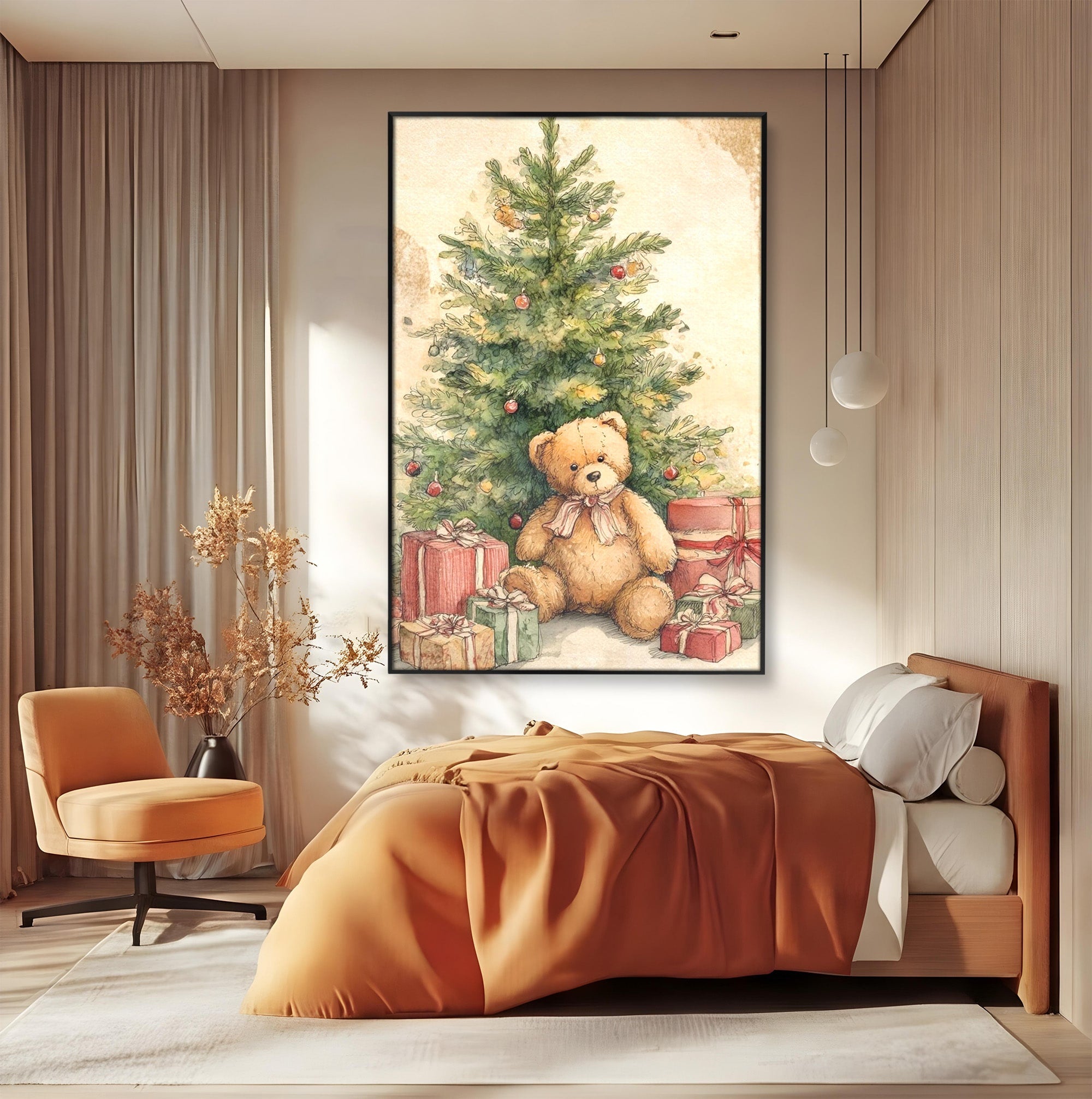 Tablou Canvas Premium LuxCanva® PI1241, Craciun Fericit, Plus, Brad, Cadouri, Ursulet, Living, Culori Vibrante