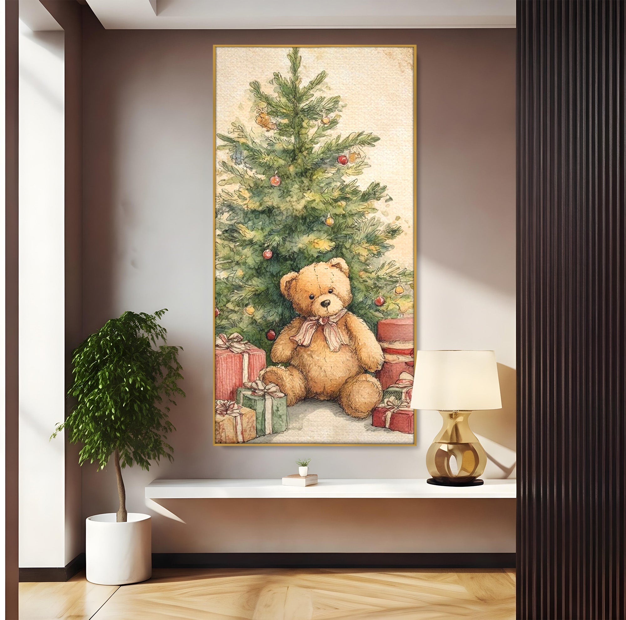 Tablou Canvas Premium LuxCanva® PI1241, Craciun Fericit, Plus, Brad, Cadouri, Ursulet, Living, Culori Vibrante
