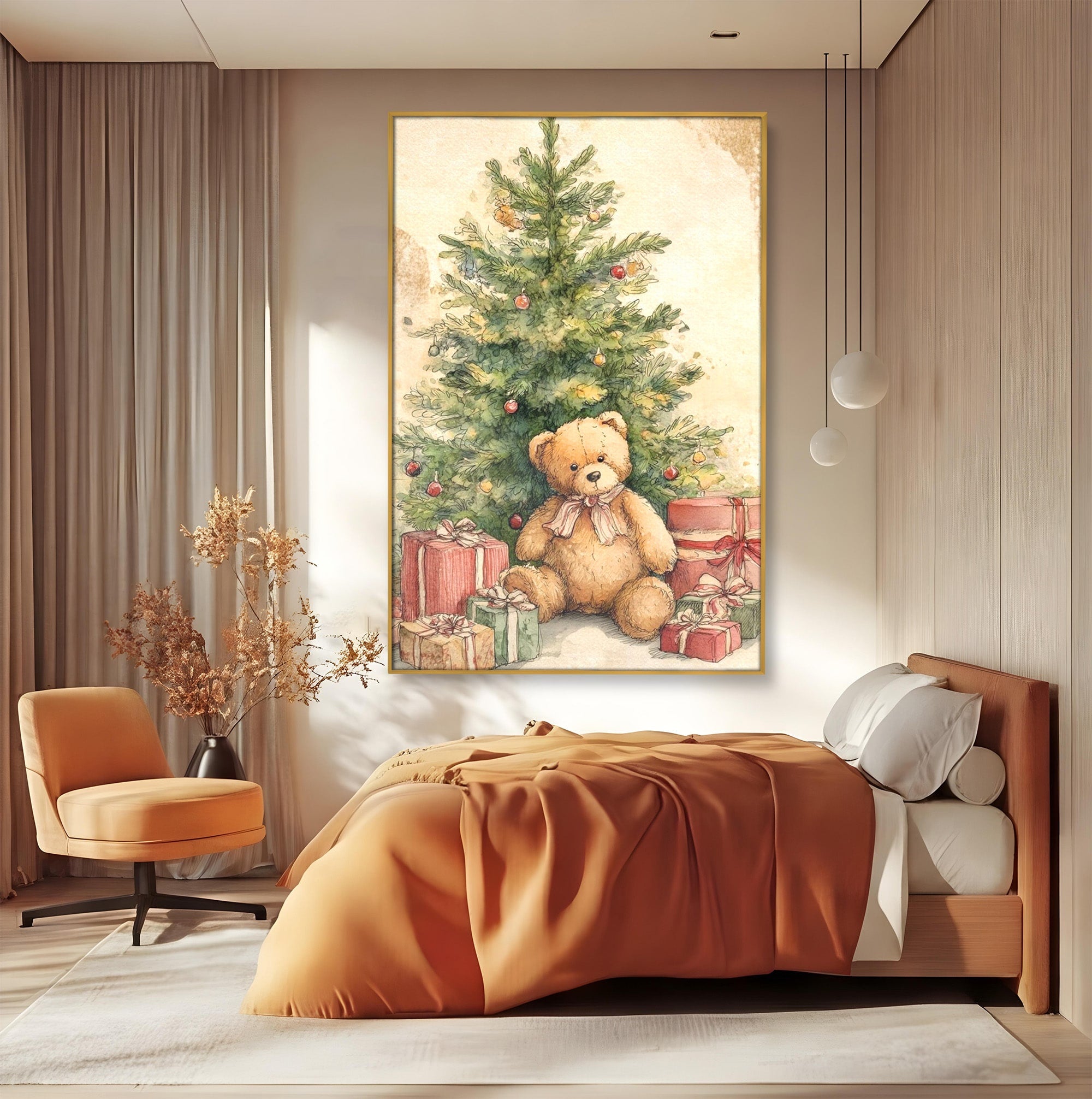 Tablou Canvas Premium LuxCanva® PI1241, Craciun Fericit, Plus, Brad, Cadouri, Ursulet, Living, Culori Vibrante