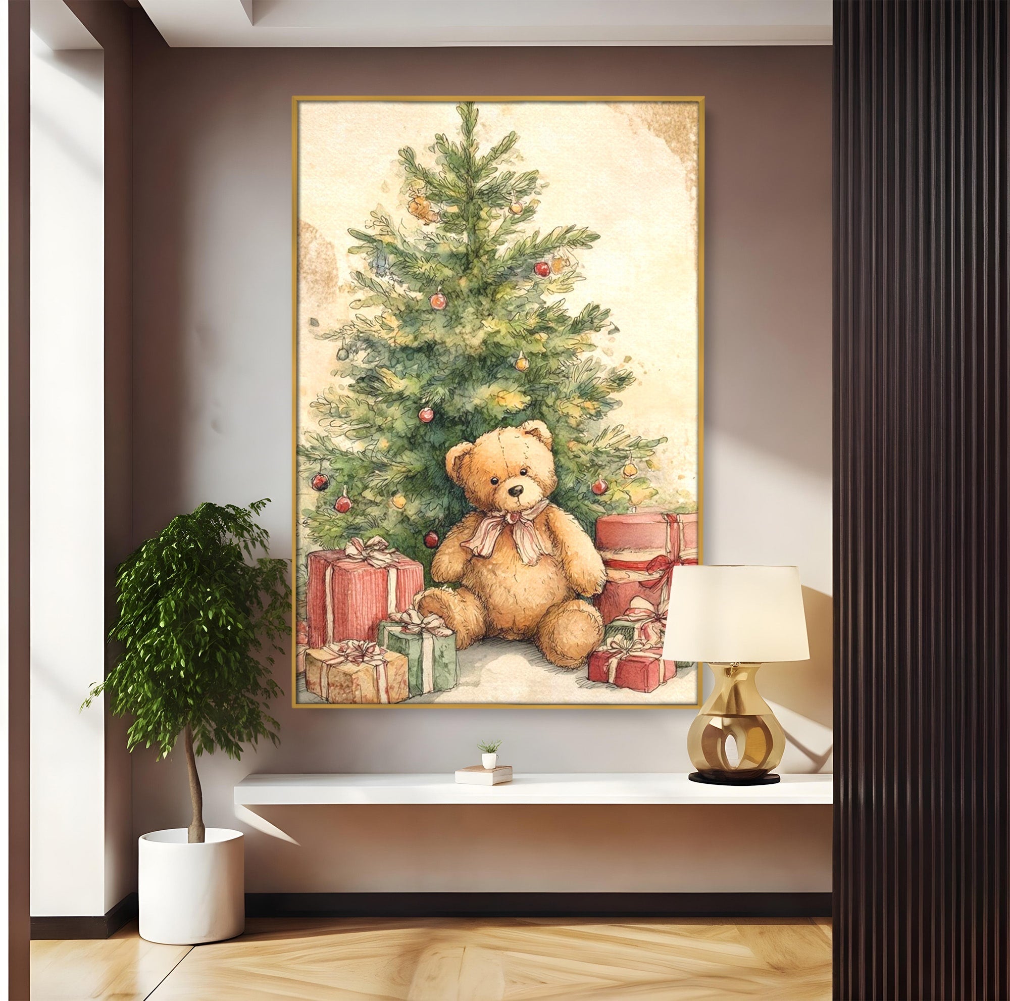 Tablou Canvas Premium LuxCanva® PI1241, Craciun Fericit, Plus, Brad, Cadouri, Ursulet, Living, Culori Vibrante