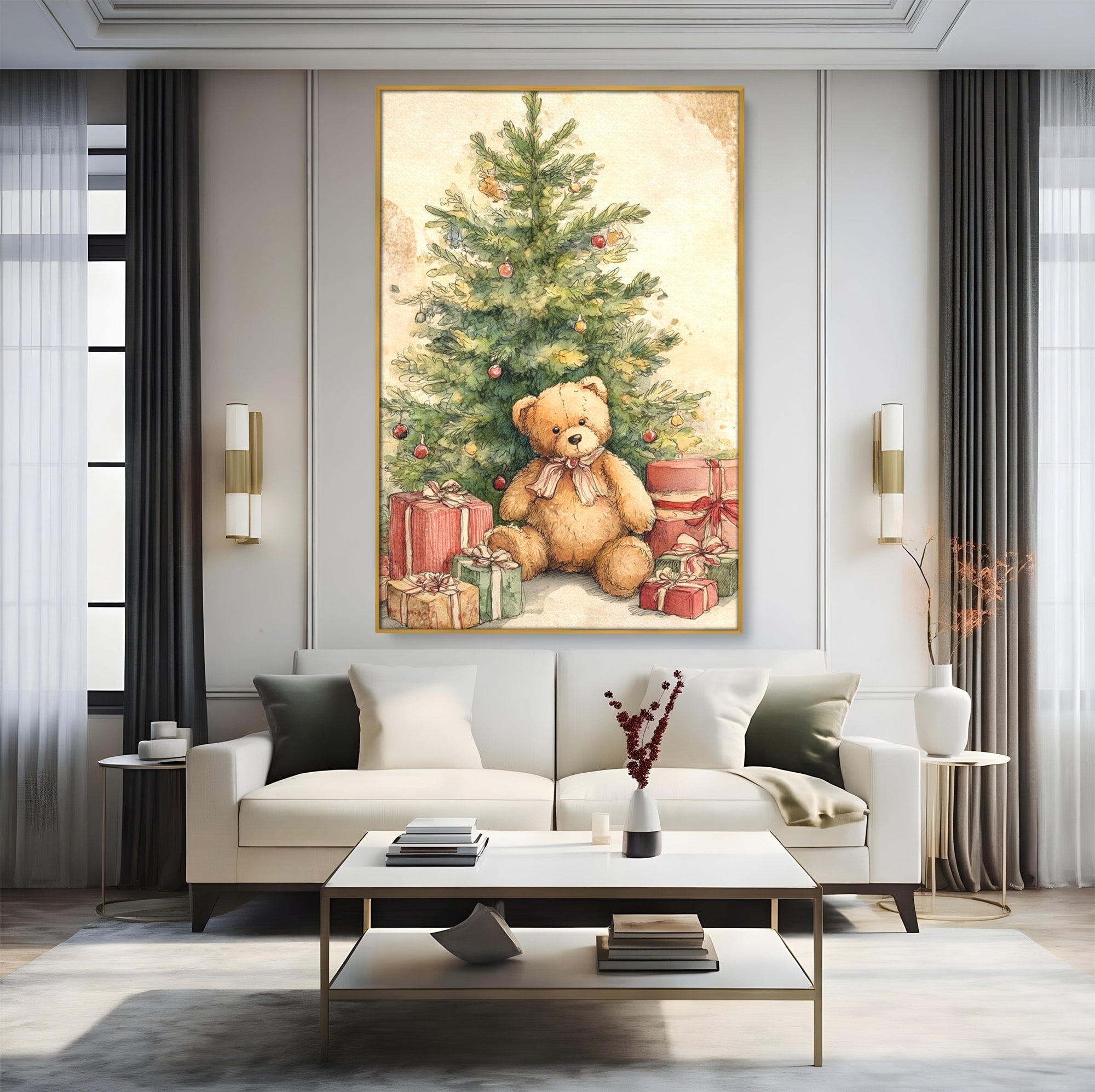 Tablou Canvas Premium LuxCanva® PI1241, Craciun Fericit, Plus, Brad, Cadouri, Ursulet, Living, Culori Vibrante