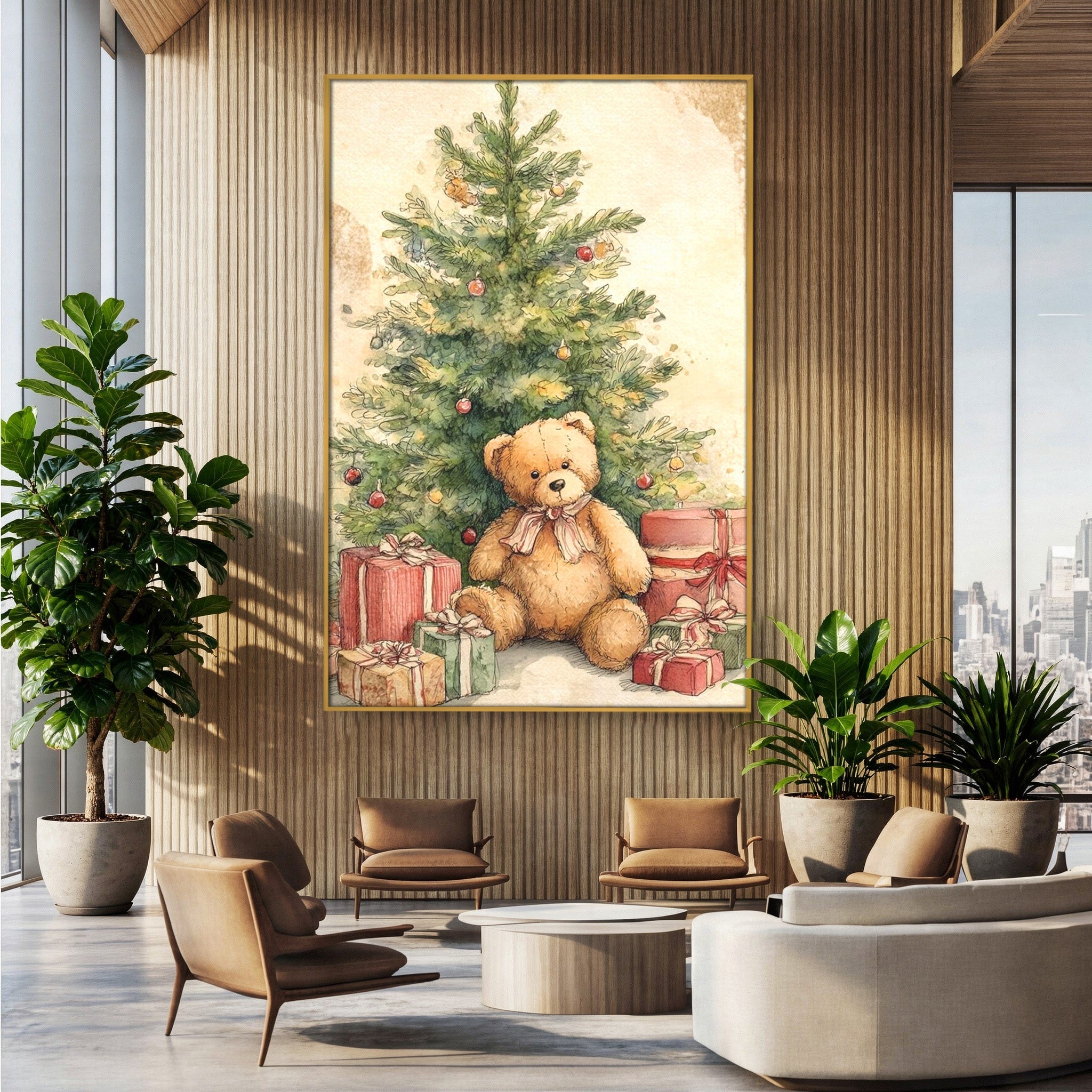 Tablou Canvas Premium LuxCanva® PI1241, Craciun Fericit, Plus, Brad, Cadouri, Ursulet, Living, Culori Vibrante