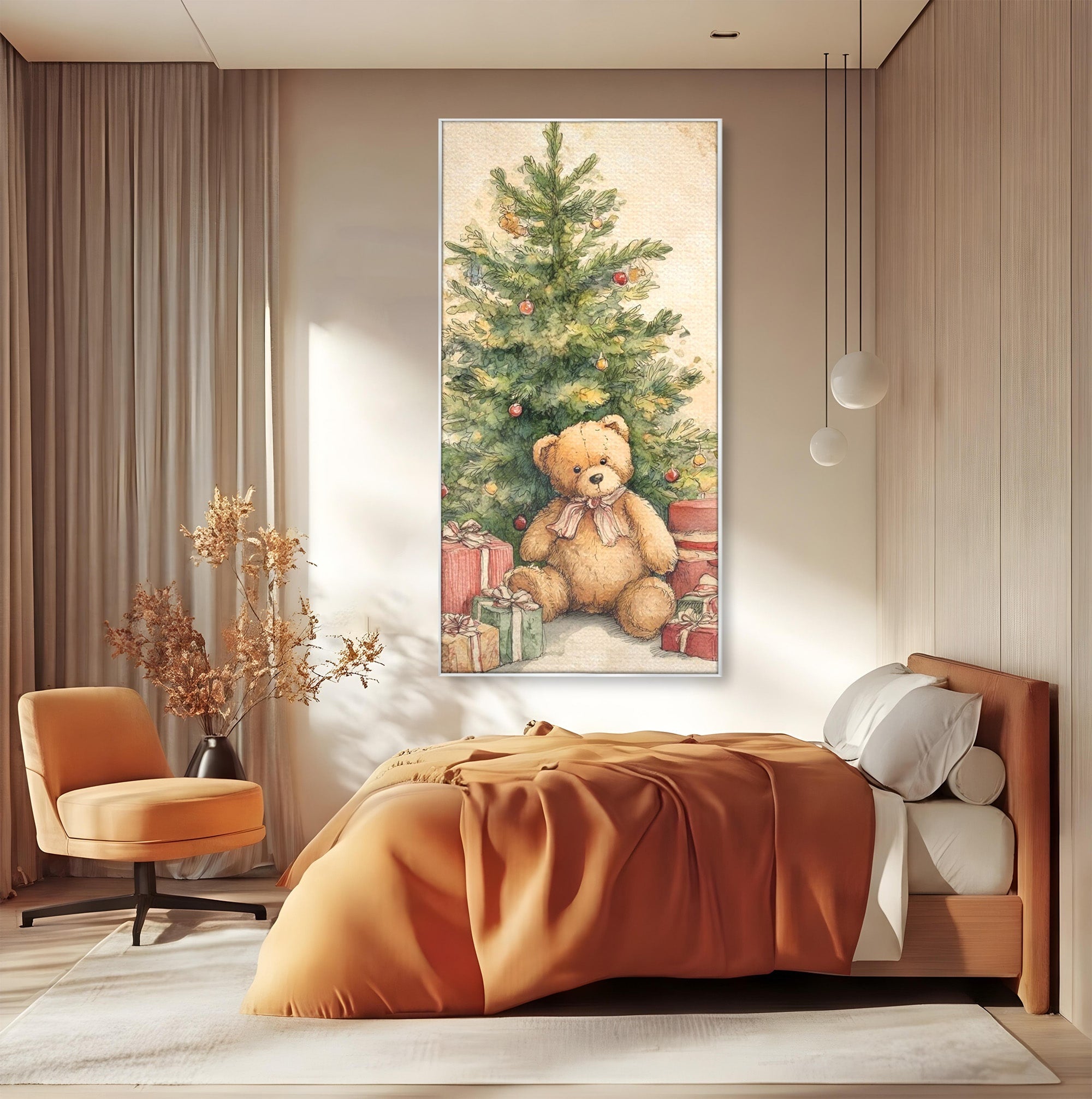 Tablou Canvas Premium LuxCanva® PI1241, Craciun Fericit, Plus, Brad, Cadouri, Ursulet, Living, Culori Vibrante