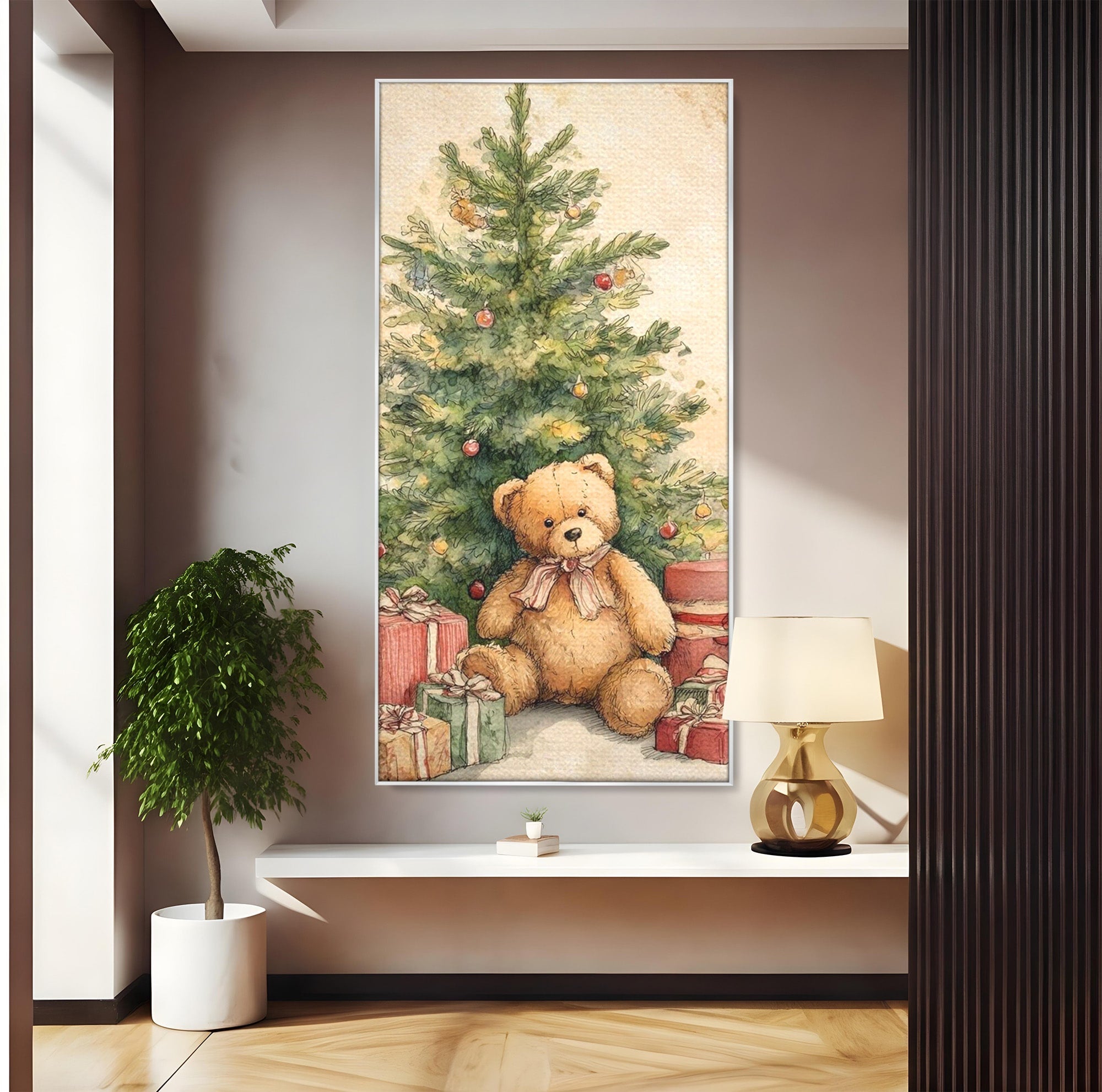 Tablou Canvas Premium LuxCanva® PI1241, Craciun Fericit, Plus, Brad, Cadouri, Ursulet, Living, Culori Vibrante