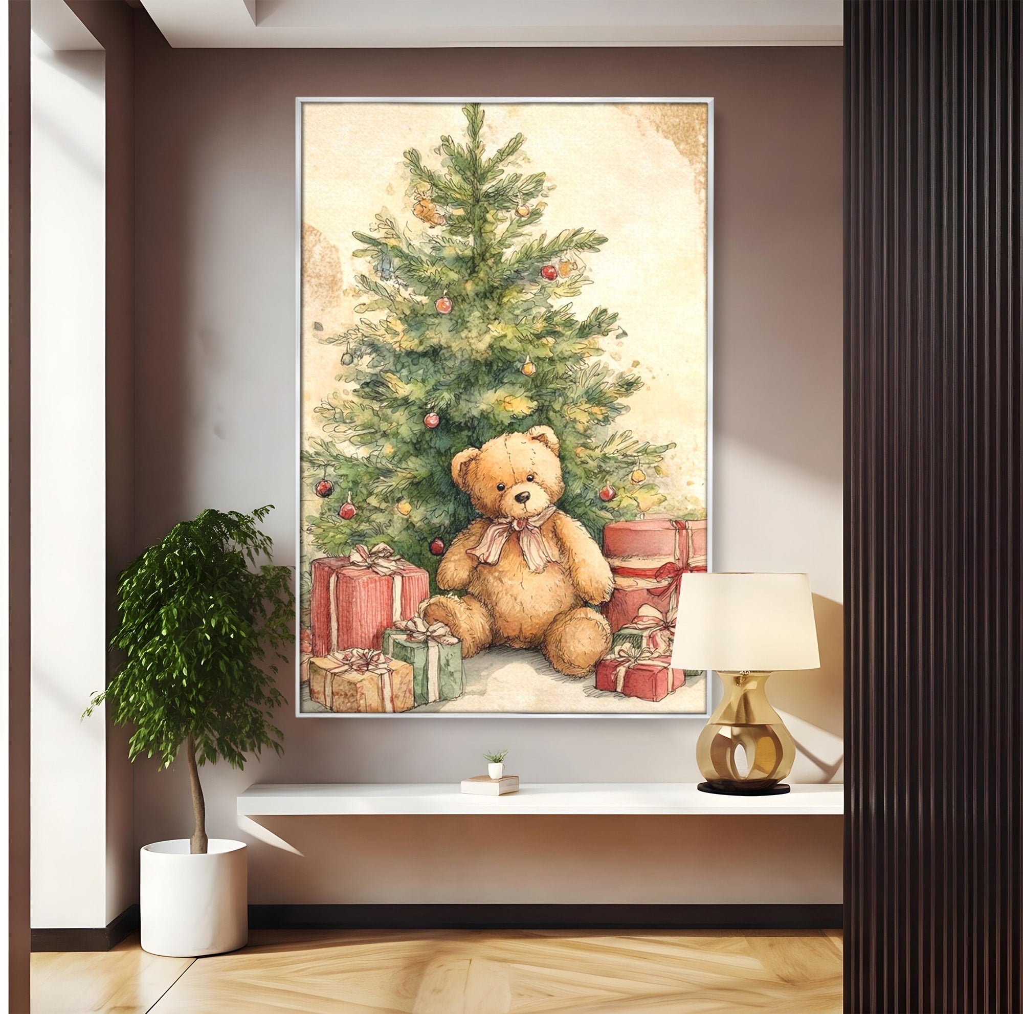 Tablou Canvas Premium LuxCanva® PI1241, Craciun Fericit, Plus, Brad, Cadouri, Ursulet, Living, Culori Vibrante