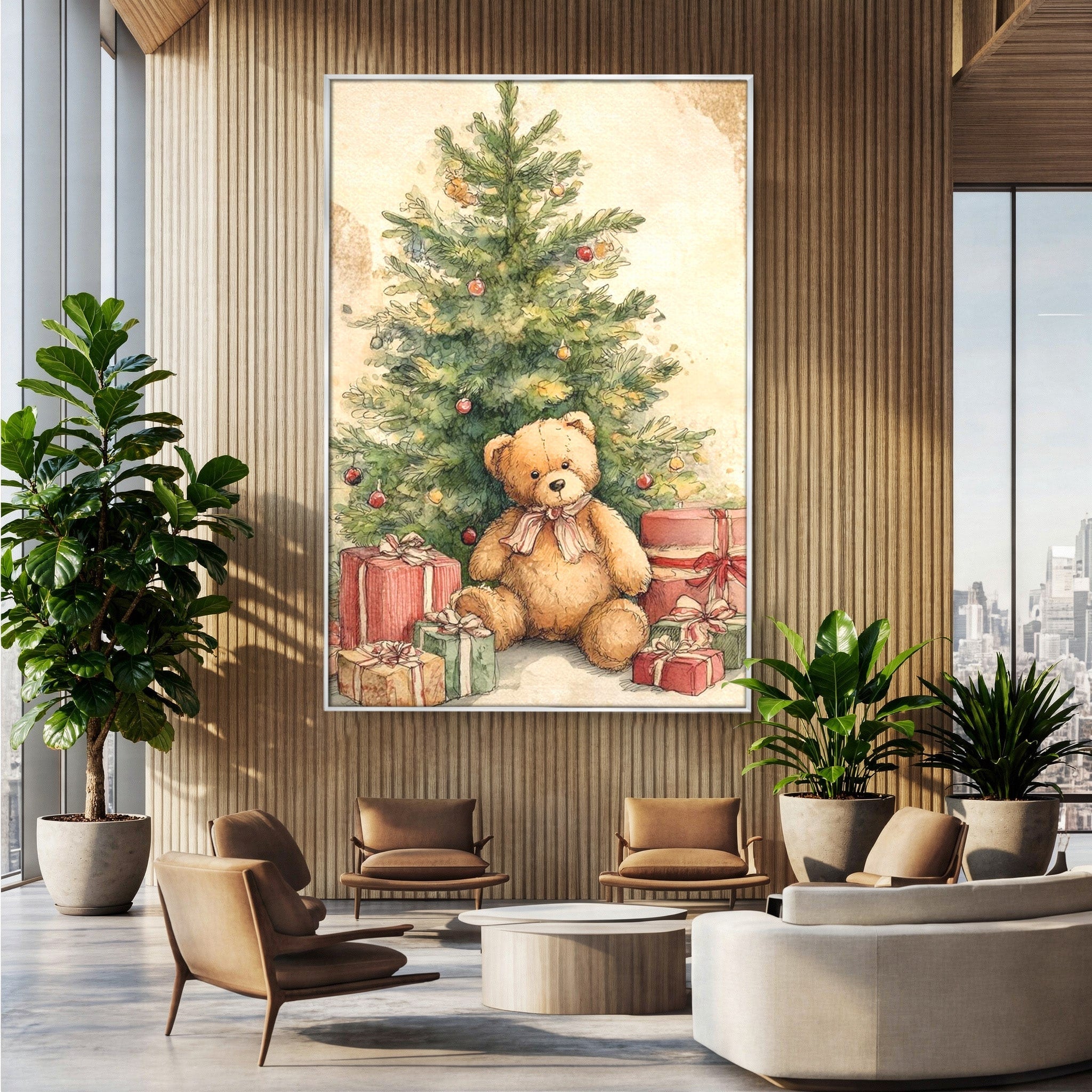 Tablou Canvas Premium LuxCanva® PI1241, Craciun Fericit, Plus, Brad, Cadouri, Ursulet, Living, Culori Vibrante
