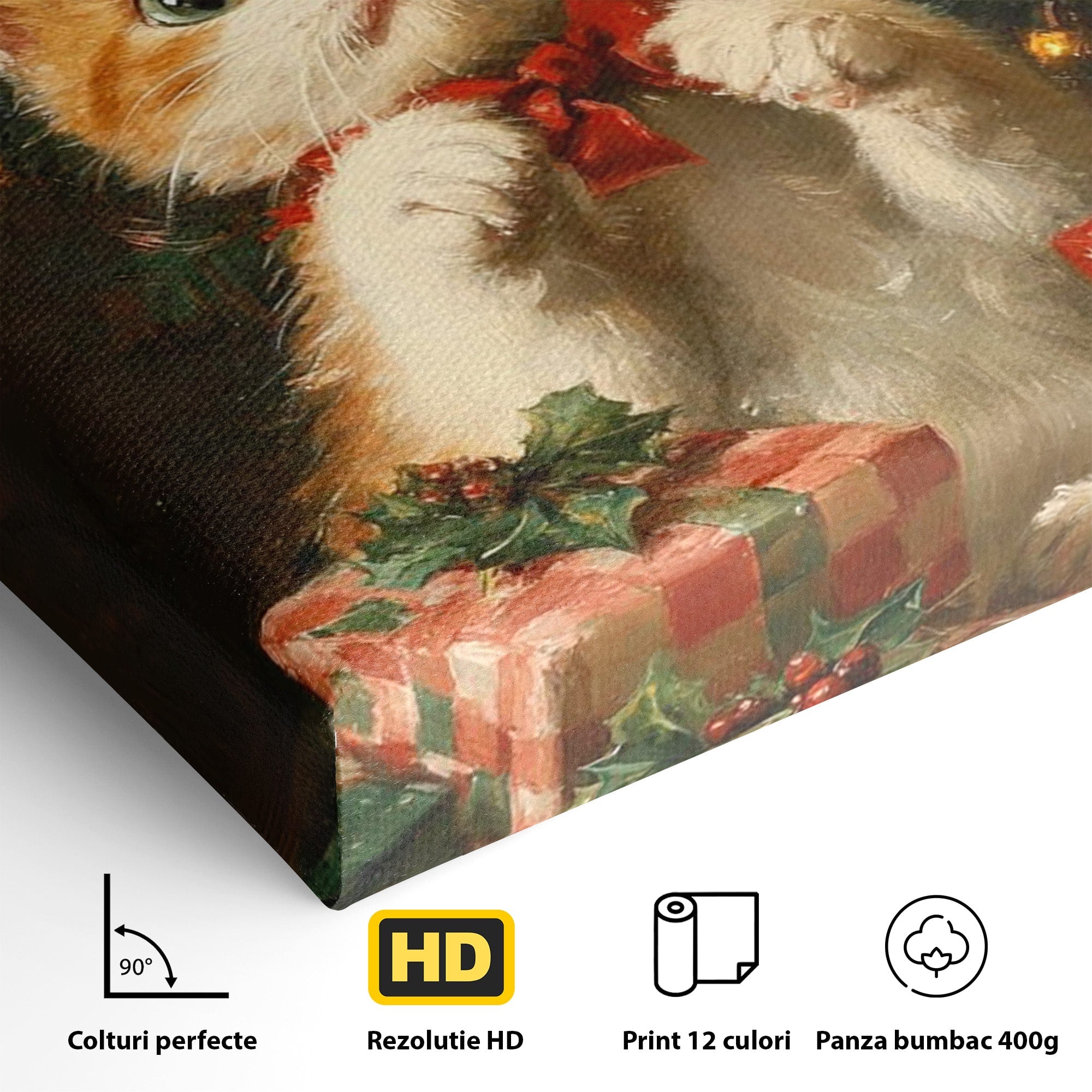 Tablou Canvas Premium LuxCanva® PI1242, Pisicuta De Craciun,Labute, Felina, Cadouri, Brad, Living, Culori Vibrante