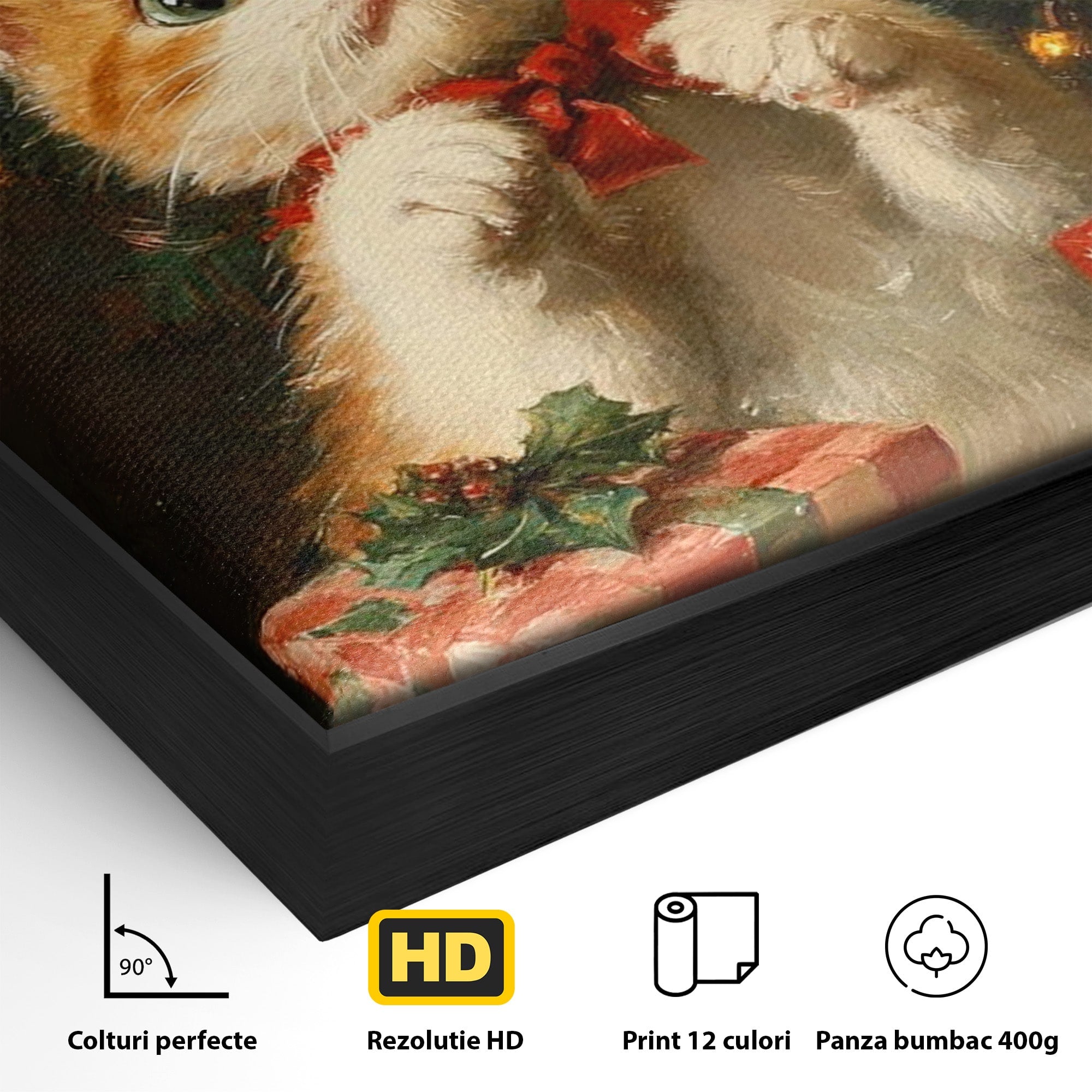 Tablou Canvas Premium LuxCanva® PI1242, Pisicuta De Craciun,Labute, Felina, Cadouri, Brad, Living, Culori Vibrante