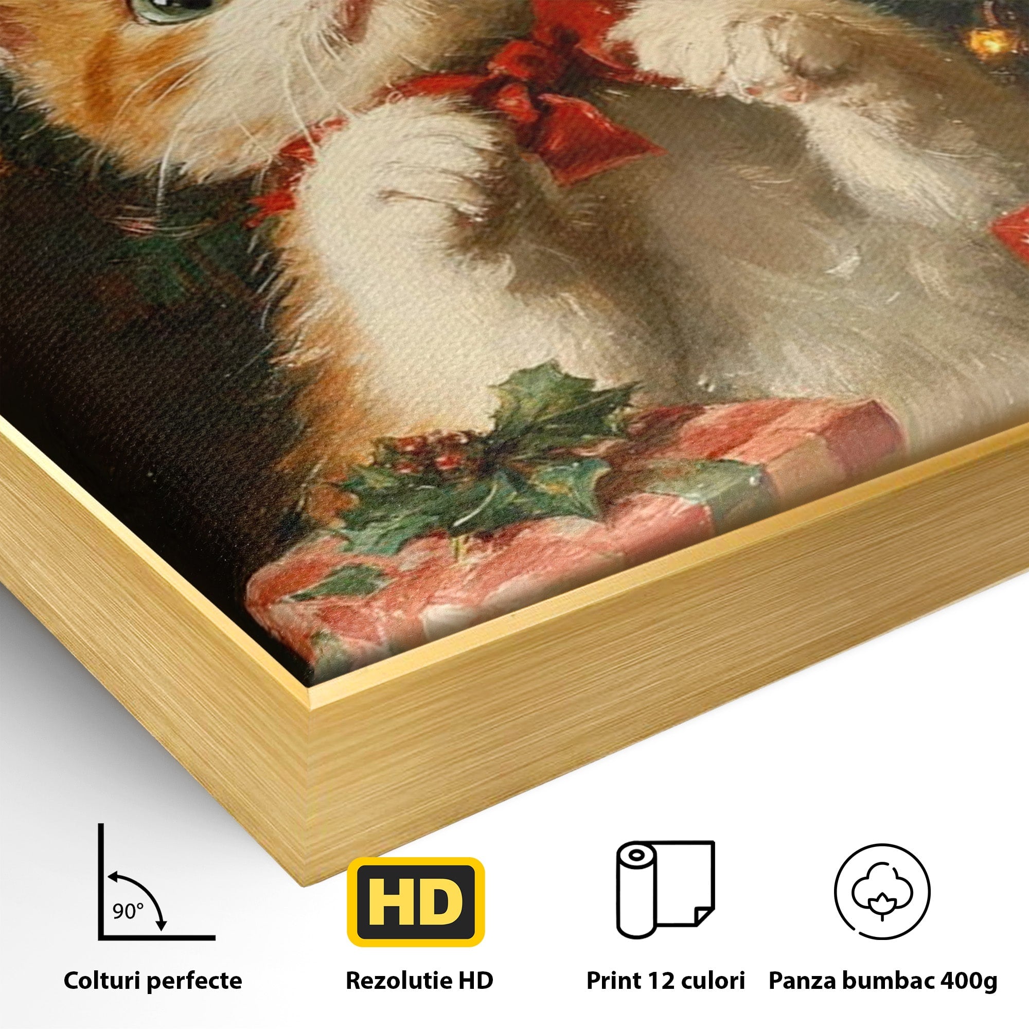 Tablou Canvas Premium LuxCanva® PI1242, Pisicuta De Craciun,Labute, Felina, Cadouri, Brad, Living, Culori Vibrante