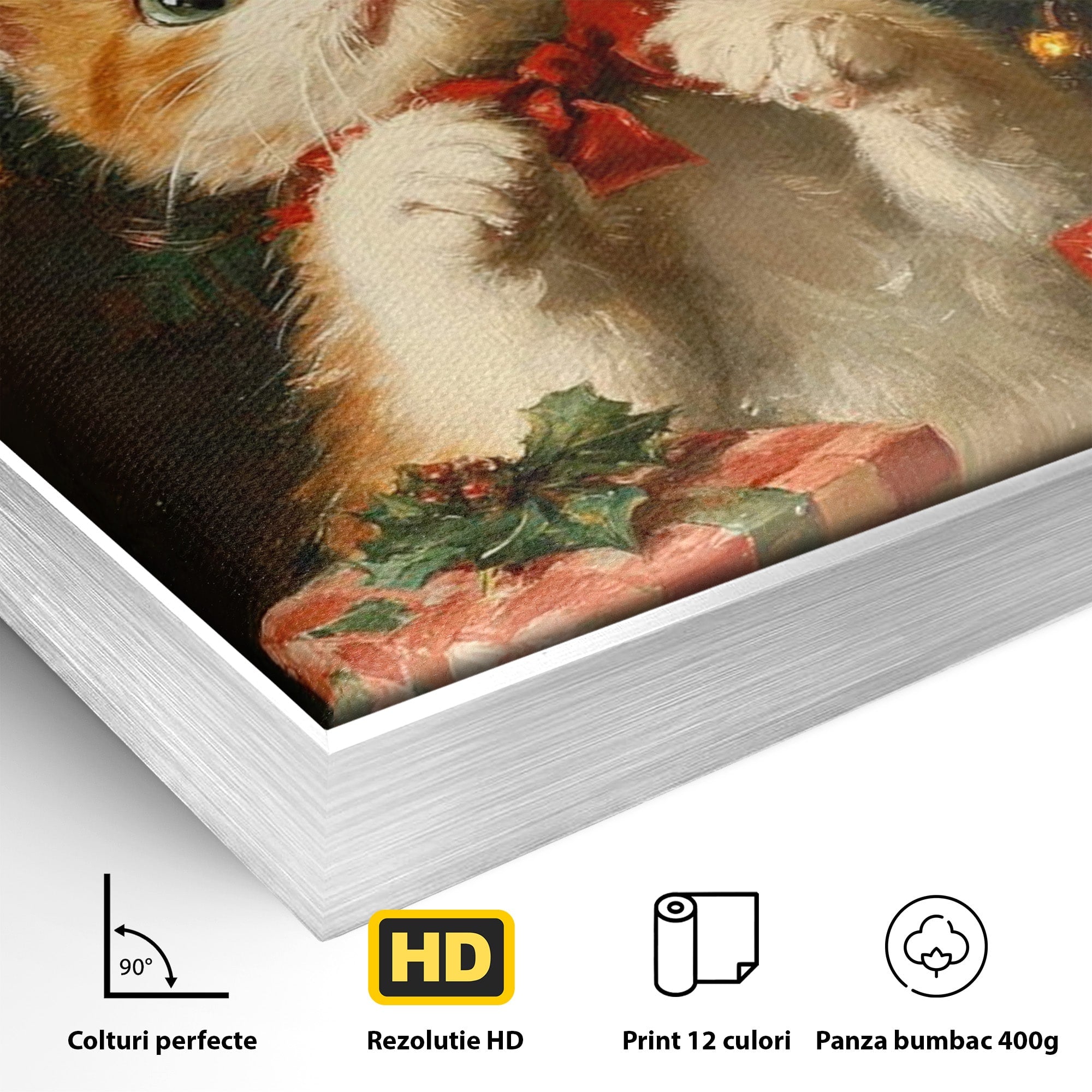 Tablou Canvas Premium LuxCanva® PI1242, Pisicuta De Craciun,Labute, Felina, Cadouri, Brad, Living, Culori Vibrante
