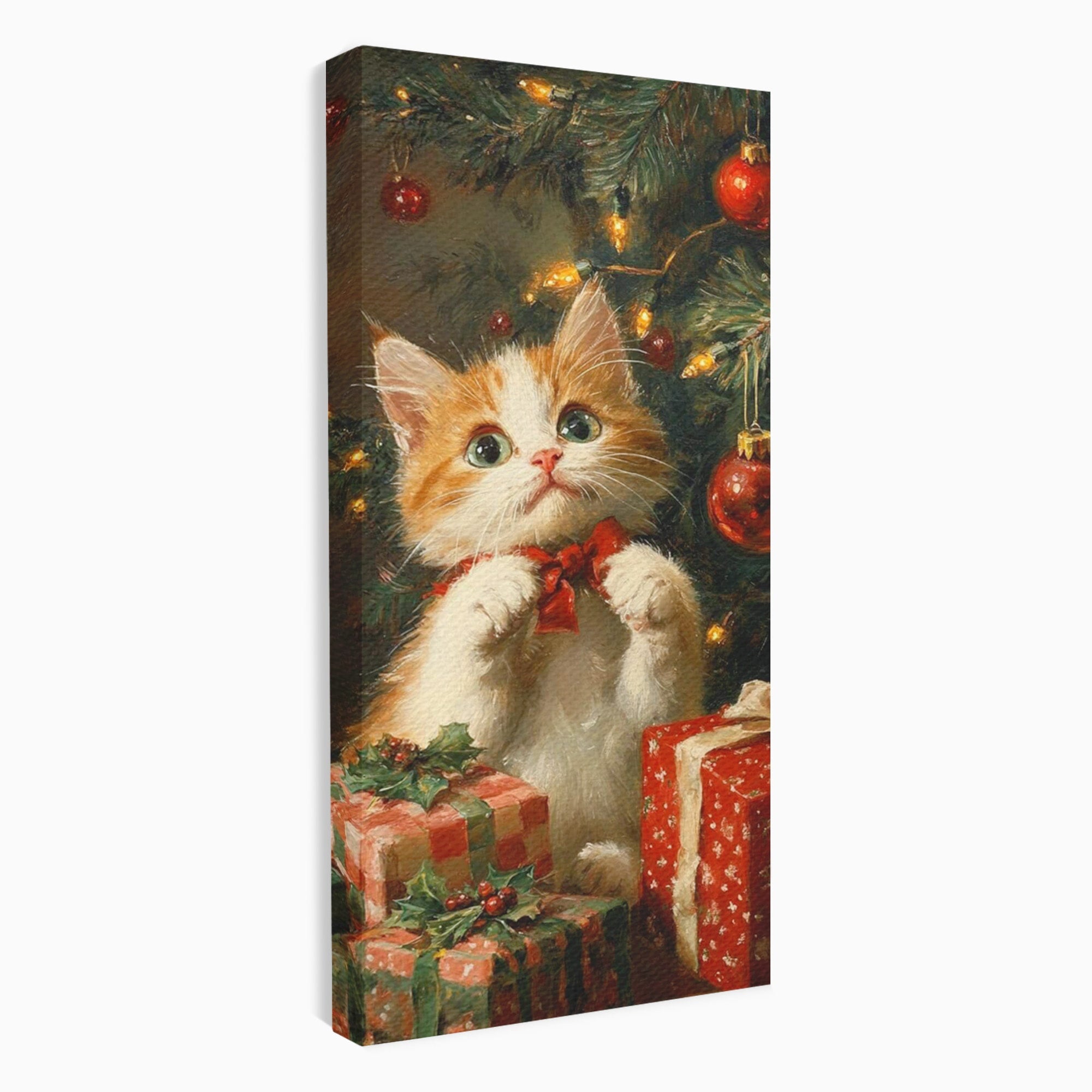 Tablou Canvas Premium LuxCanva® PI1242, Pisicuta De Craciun,Labute, Felina, Cadouri, Brad, Living, Culori Vibrante