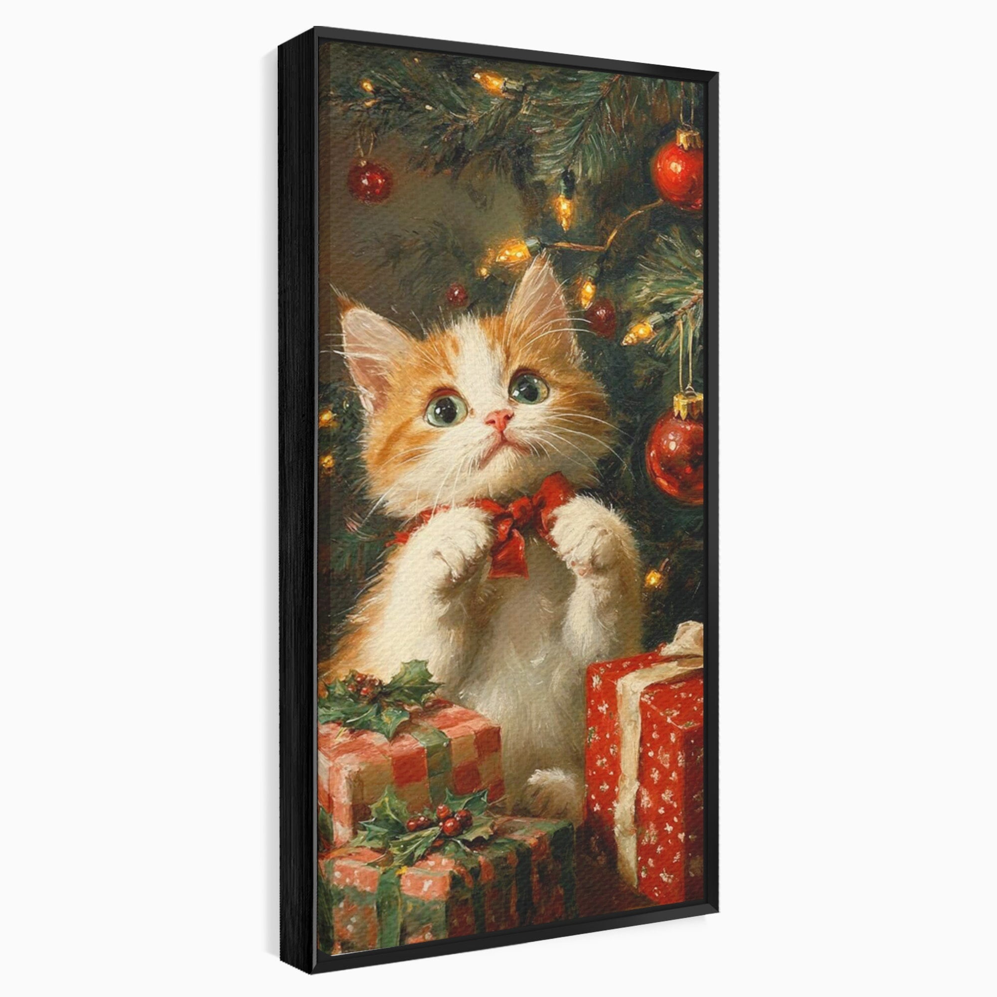 Tablou Canvas Premium LuxCanva® PI1242, Pisicuta De Craciun,Labute, Felina, Cadouri, Brad, Living, Culori Vibrante