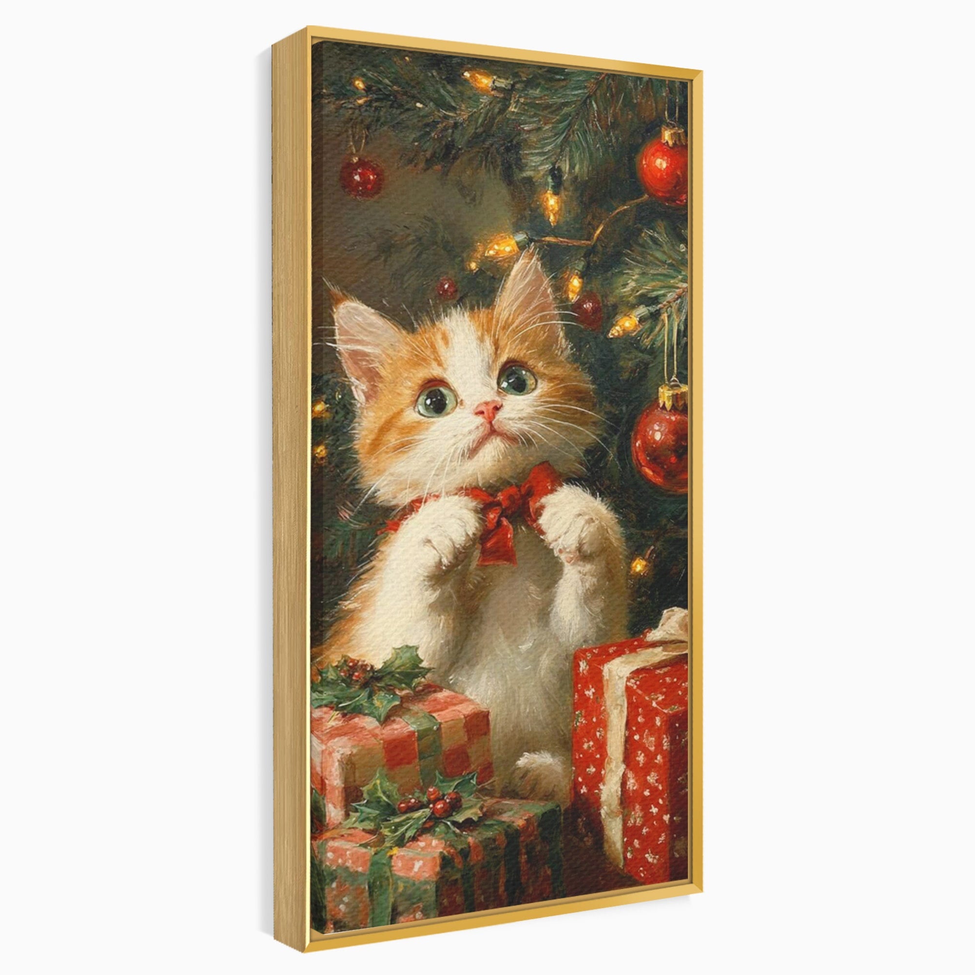 Tablou Canvas Premium LuxCanva® PI1242, Pisicuta De Craciun,Labute, Felina, Cadouri, Brad, Living, Culori Vibrante