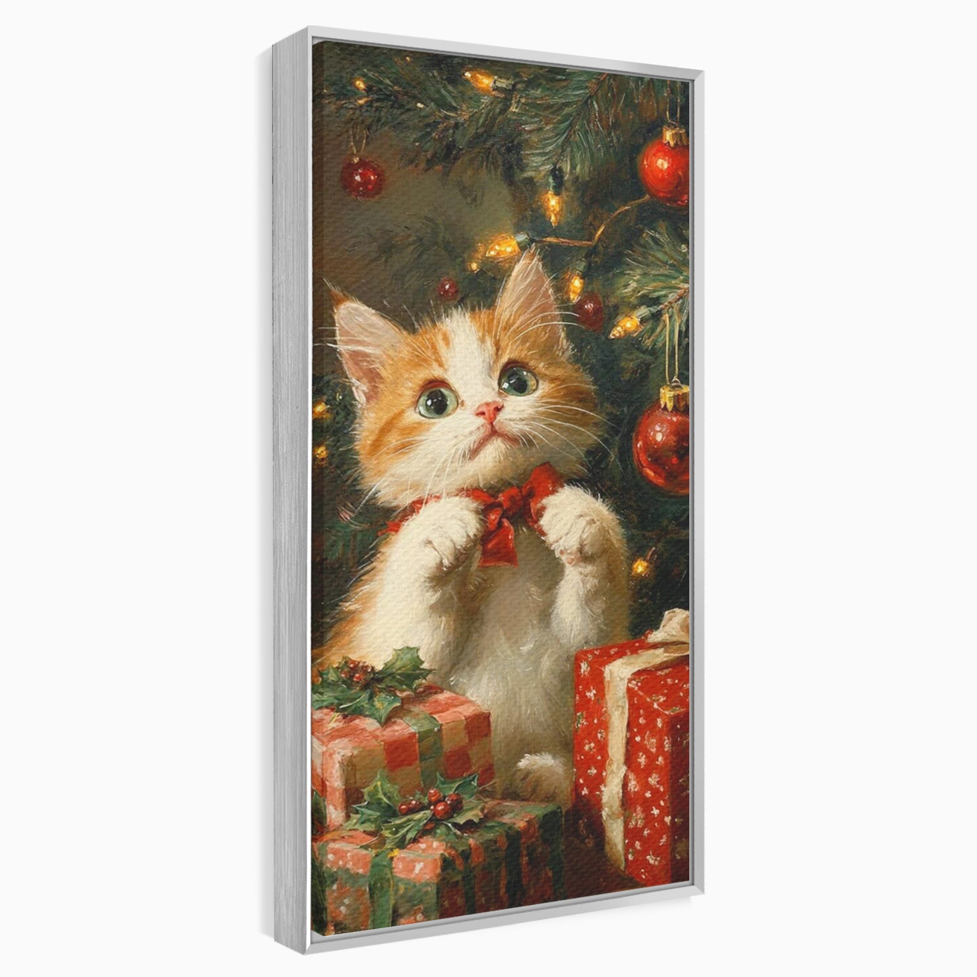 Tablou Canvas Premium LuxCanva® PI1242, Pisicuta De Craciun,Labute, Felina, Cadouri, Brad, Living, Culori Vibrante