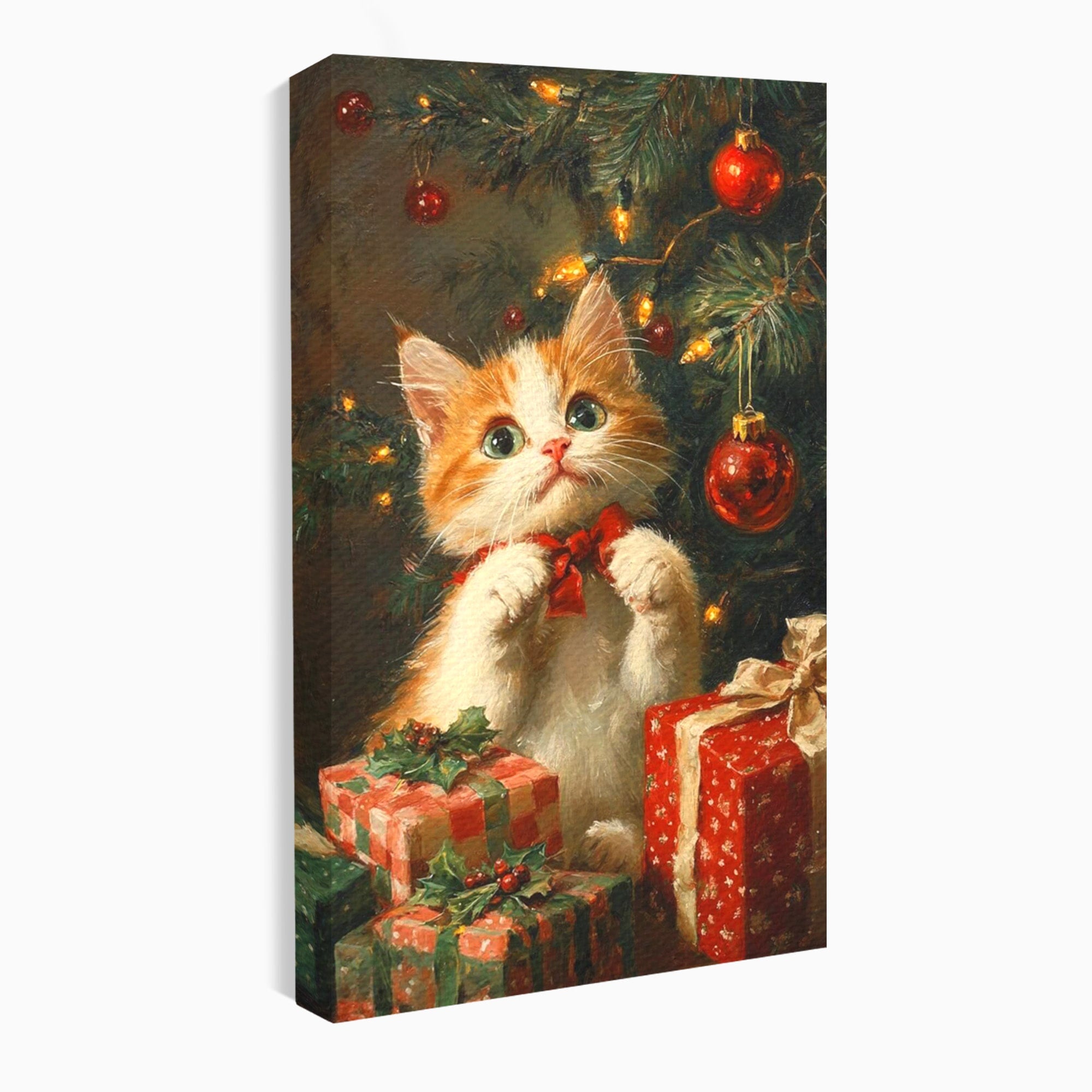 Tablou Canvas Premium LuxCanva® PI1242, Pisicuta De Craciun,Labute, Felina, Cadouri, Brad, Living, Culori Vibrante