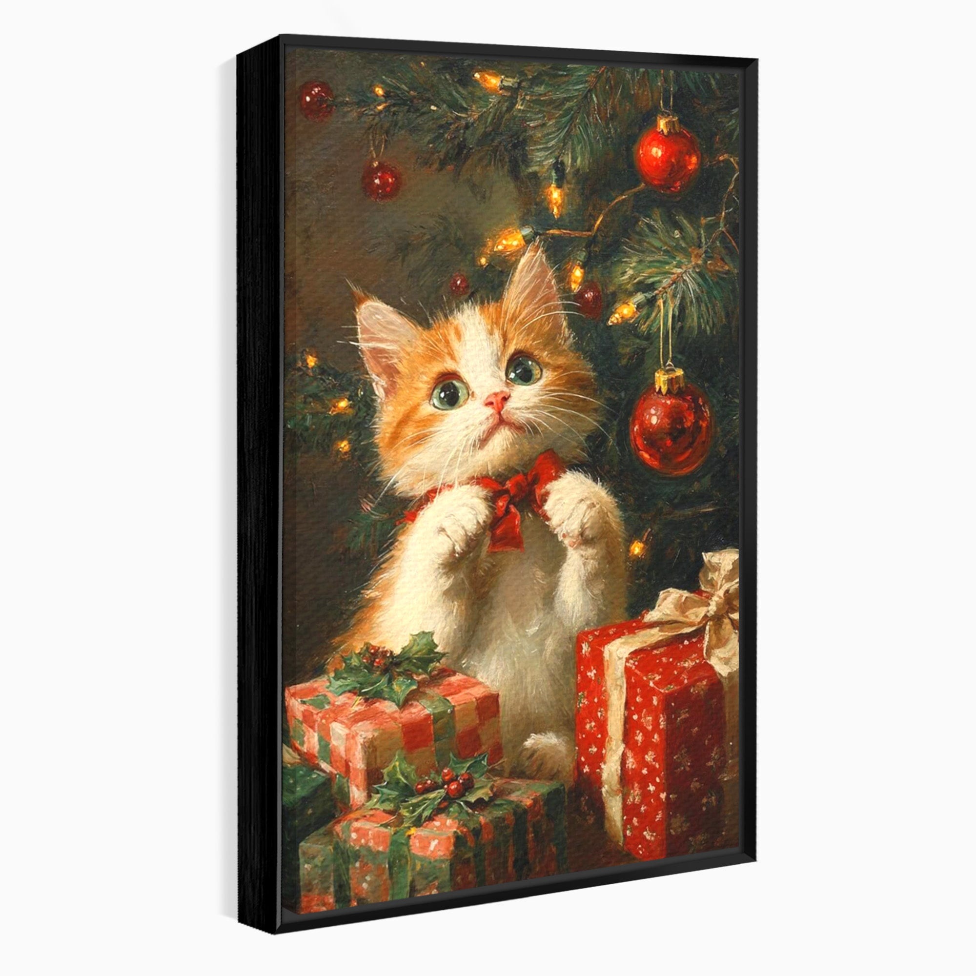Tablou Canvas Premium LuxCanva® PI1242, Pisicuta De Craciun,Labute, Felina, Cadouri, Brad, Living, Culori Vibrante