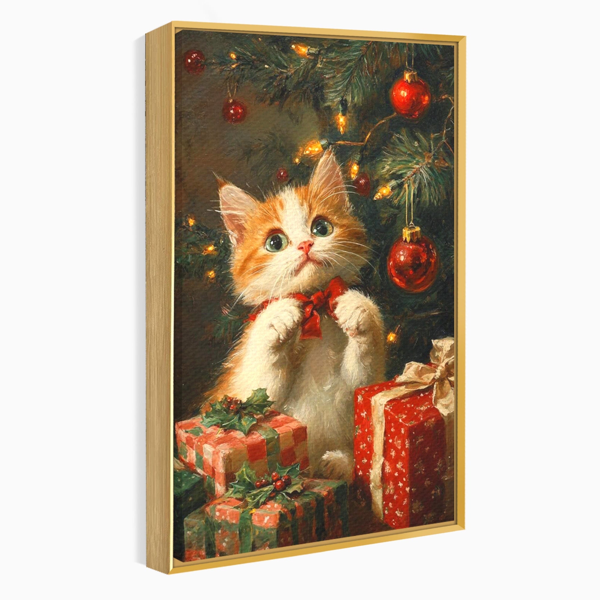 Tablou Canvas Premium LuxCanva® PI1242, Pisicuta De Craciun,Labute, Felina, Cadouri, Brad, Living, Culori Vibrante