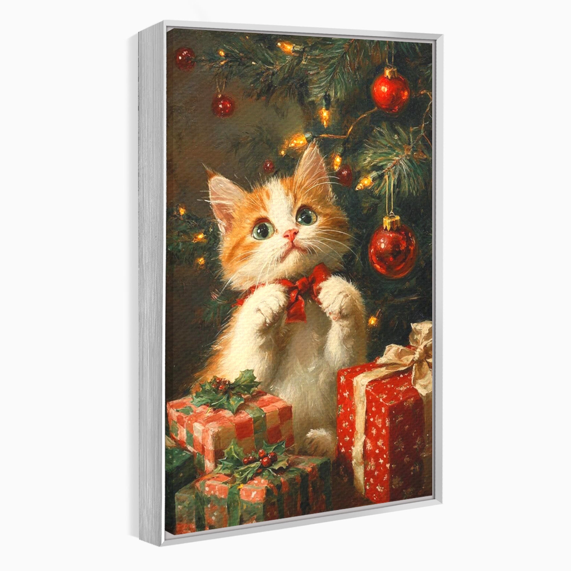 Tablou Canvas Premium LuxCanva® PI1242, Pisicuta De Craciun,Labute, Felina, Cadouri, Brad, Living, Culori Vibrante