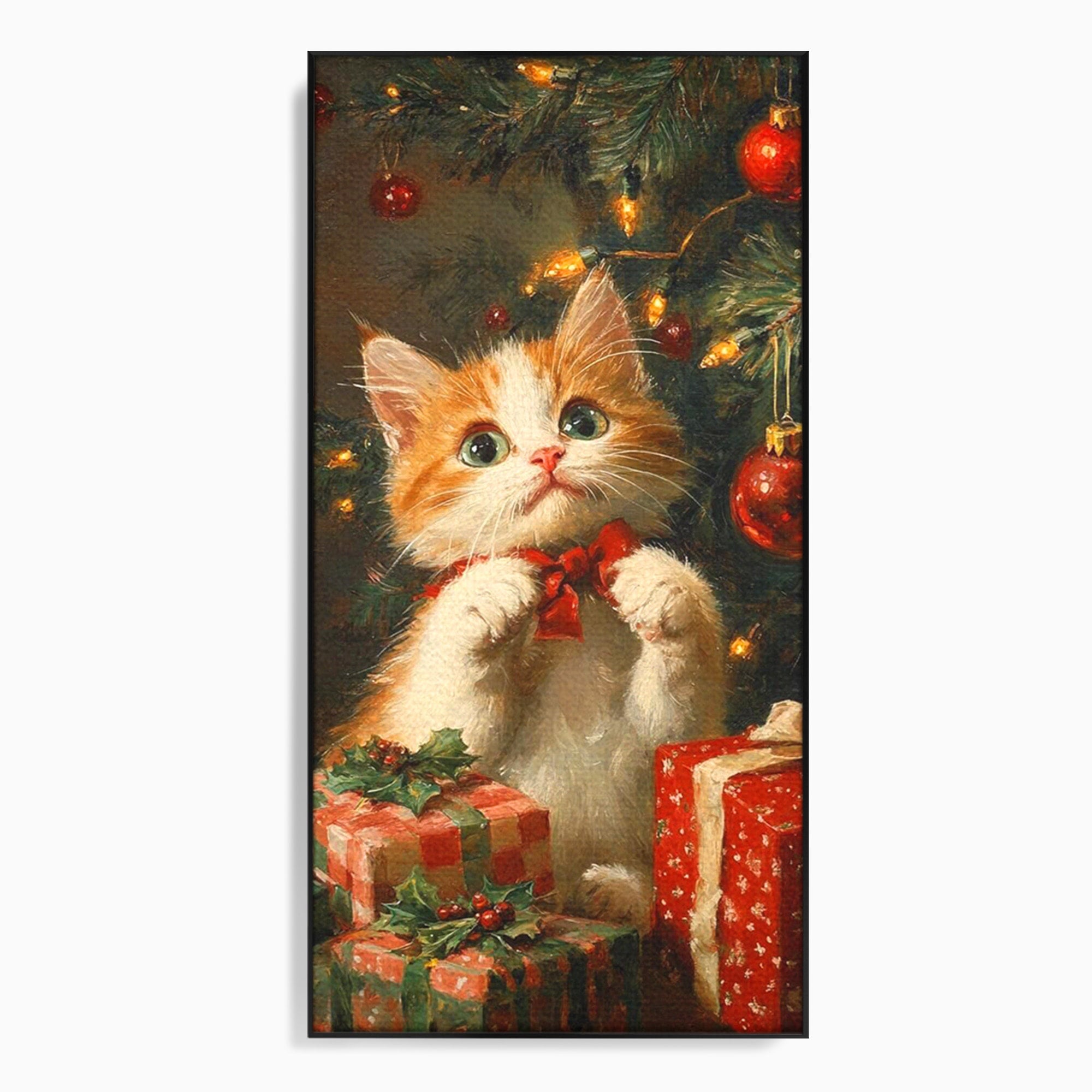 Tablou Canvas Premium LuxCanva® PI1242, Pisicuta De Craciun,Labute, Felina, Cadouri, Brad, Living, Culori Vibrante