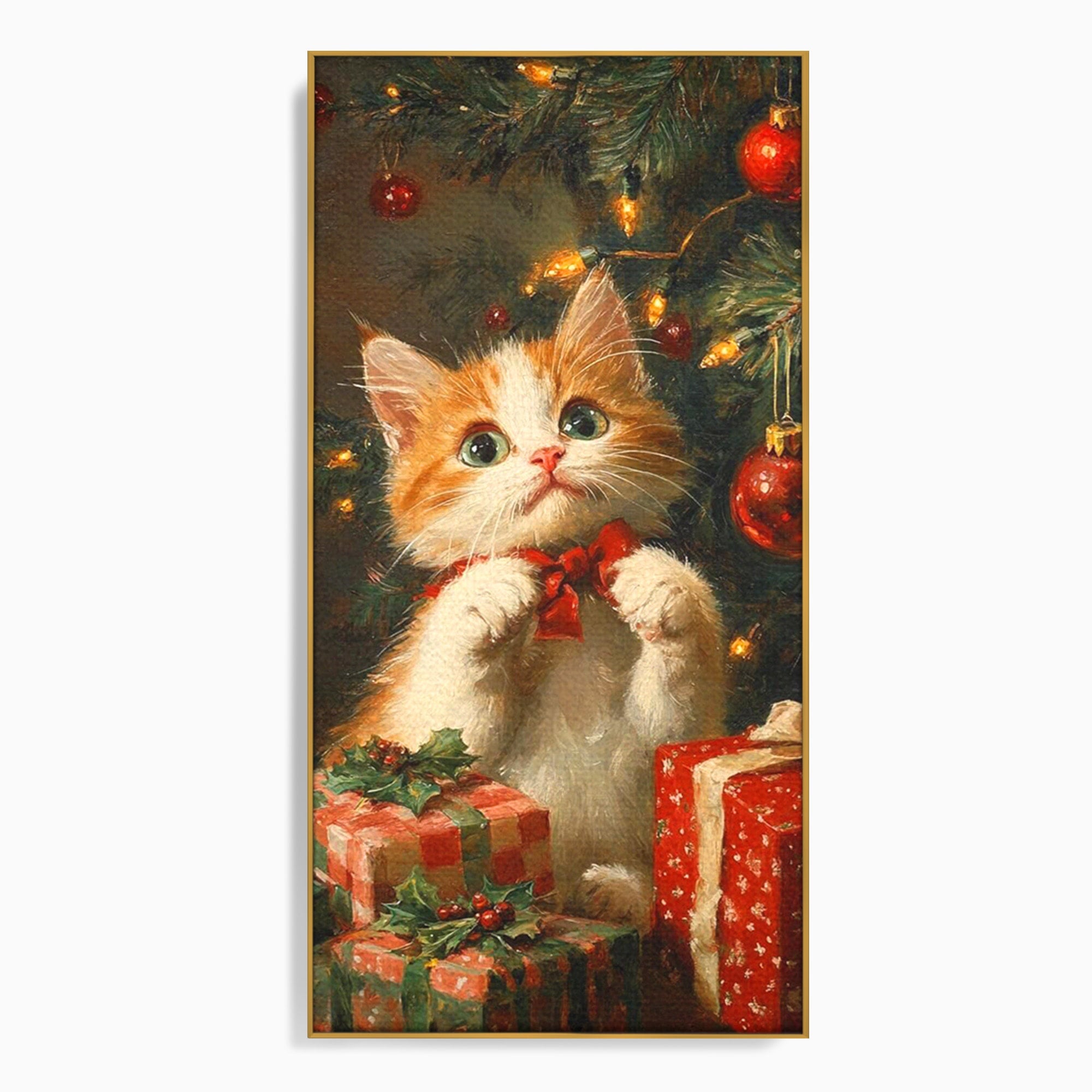 Tablou Canvas Premium LuxCanva® PI1242, Pisicuta De Craciun,Labute, Felina, Cadouri, Brad, Living, Culori Vibrante
