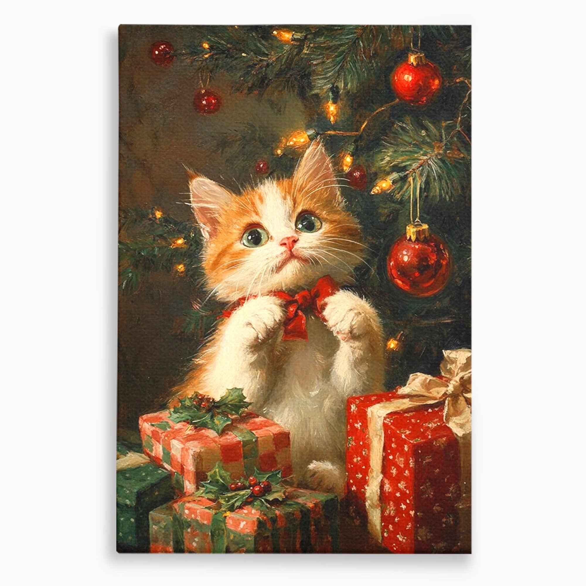 Tablou Canvas Premium LuxCanva® PI1242, Pisicuta De Craciun,Labute, Felina, Cadouri, Brad, Living, Culori Vibrante