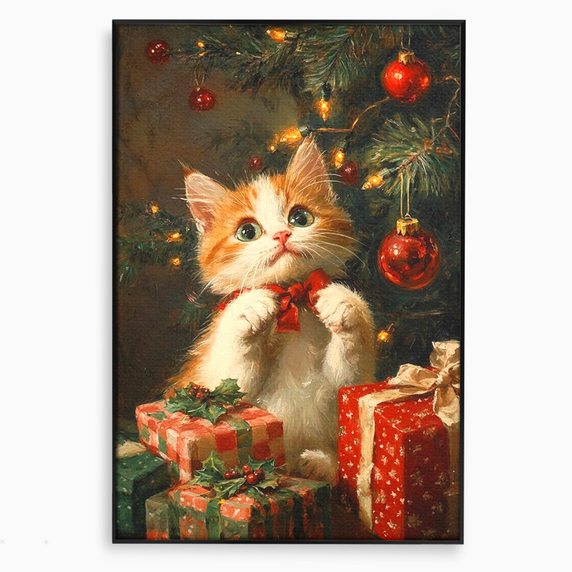 Tablou Canvas Premium LuxCanva® PI1242, Pisicuta De Craciun,Labute, Felina, Cadouri, Brad, Living, Culori Vibrante