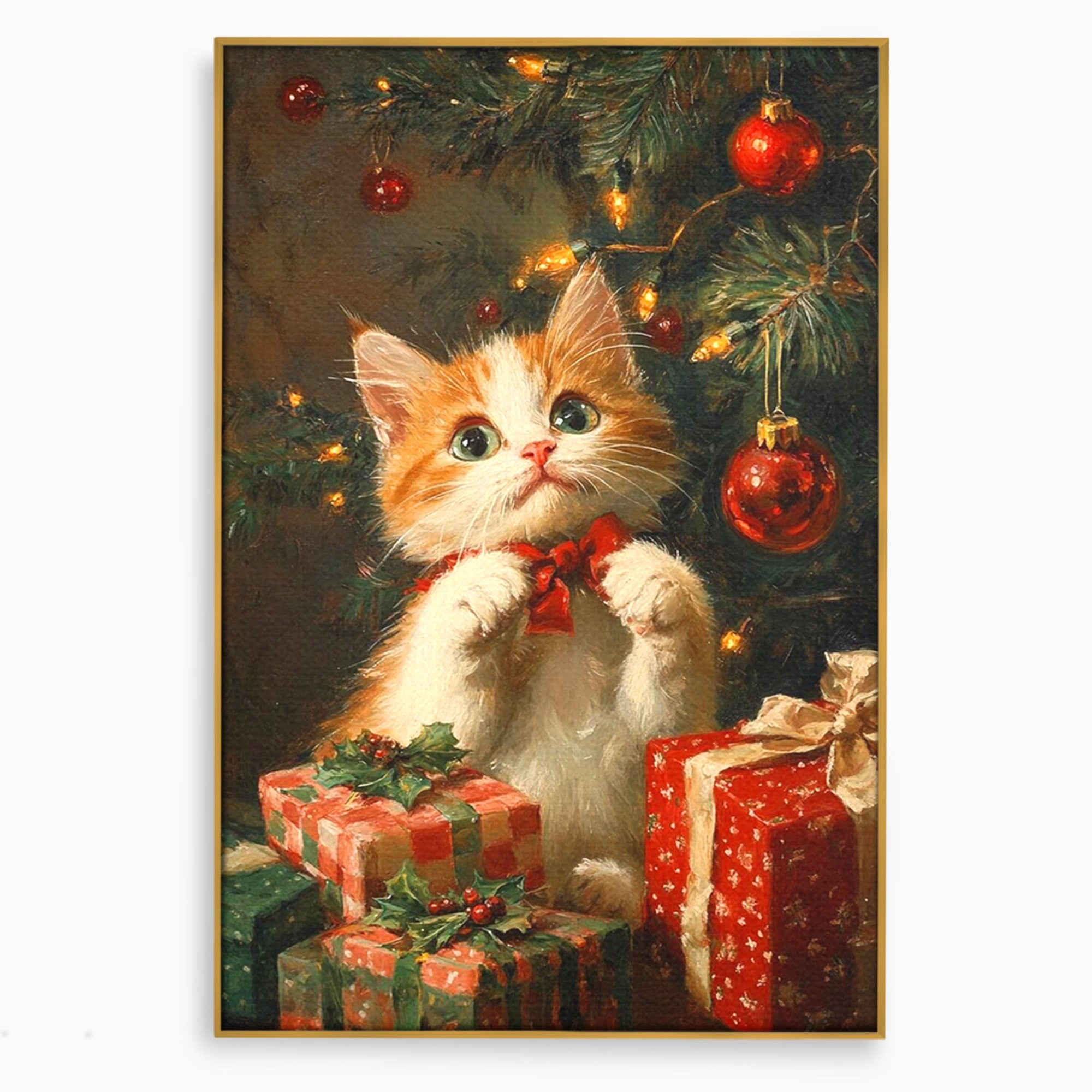 Tablou Canvas Premium LuxCanva® PI1242, Pisicuta De Craciun,Labute, Felina, Cadouri, Brad, Living, Culori Vibrante