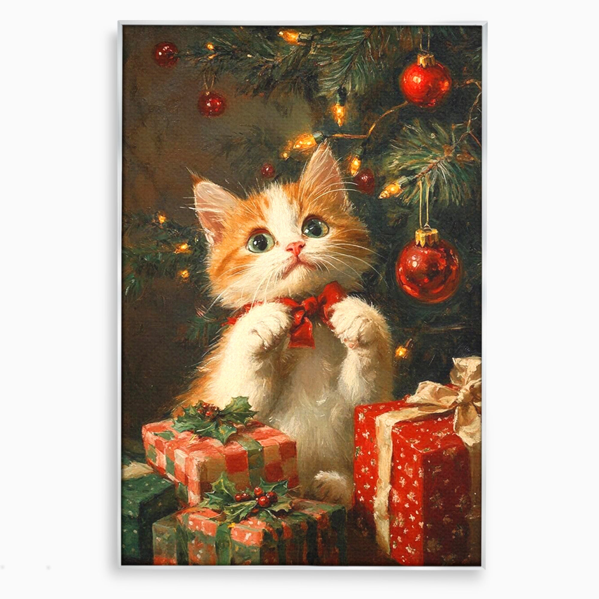 Tablou Canvas Premium LuxCanva® PI1242, Pisicuta De Craciun,Labute, Felina, Cadouri, Brad, Living, Culori Vibrante