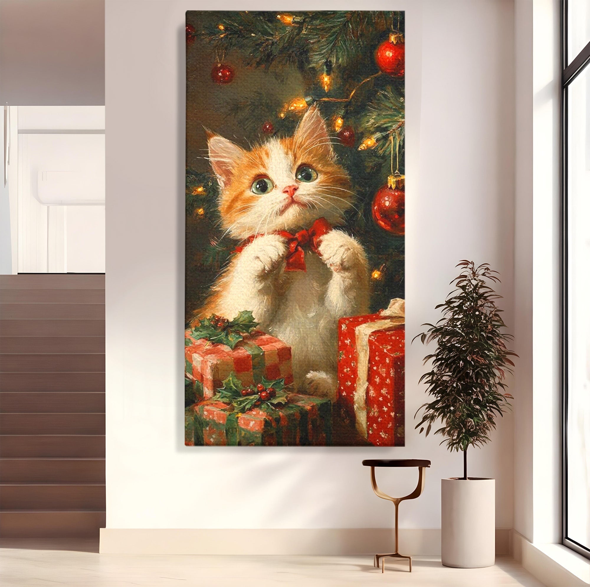 Tablou Canvas Premium LuxCanva® PI1242, Pisicuta De Craciun,Labute, Felina, Cadouri, Brad, Living, Culori Vibrante